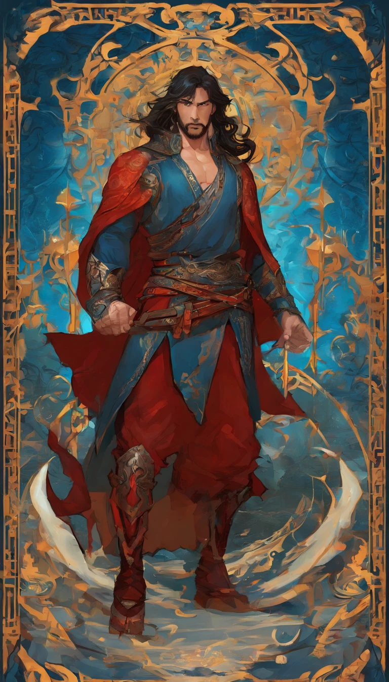 middle aged man, Evil painting style, A high resolution, Black color hair one bang infront, warrior, Delicate three-dimensional blue flame demon face, Expression of anger, Perfect body proportions, Black baggy pants and blue tank top, Handsome, The seven-doppelganger has an unobstructed view, standing on your feet, (White background:1.3), martial artist, red flame aural。。。。。。。。。。。。。。。。。。。。。。。。。。。。, (Blackn clothes:0.8), High detail, Masterpiece, ccurate, Anatomically correct, Textured skin