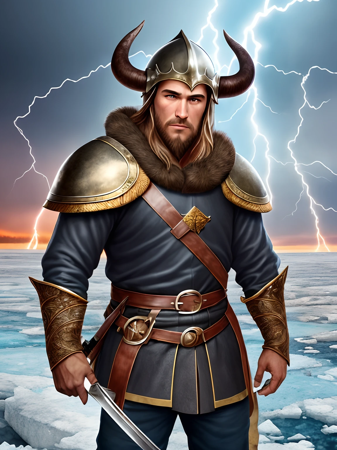 guy with big sword and Helmet has horns and Volcanic eyes in Icy place In the Viking Age after Big storm with little lightning --auto --s2