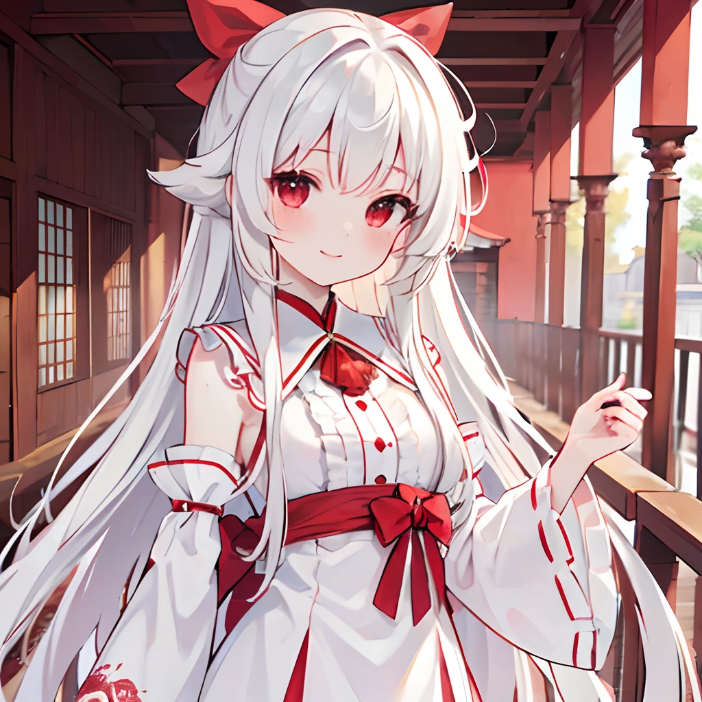 (Best quality,4K,8K,A high resolution,Masterpiece:1.2),Ultra-detailed,(delicated:1.37),Red eyes,White hair,Long messy hair,tangled hair,Red and white shrine girl's costume,CG,Smooth skin,No background,Smiling,Character design,a pregirl,individual.