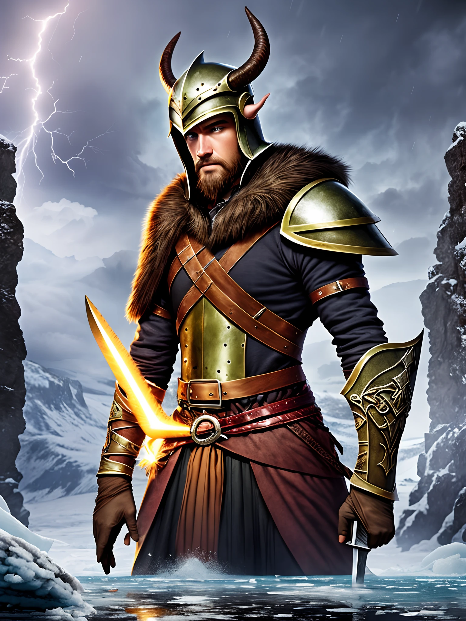 guy with big sword and Helmet has horns and Volcanic eyes in Icy place In the Viking Age after Big storm with little lightning --auto --s2