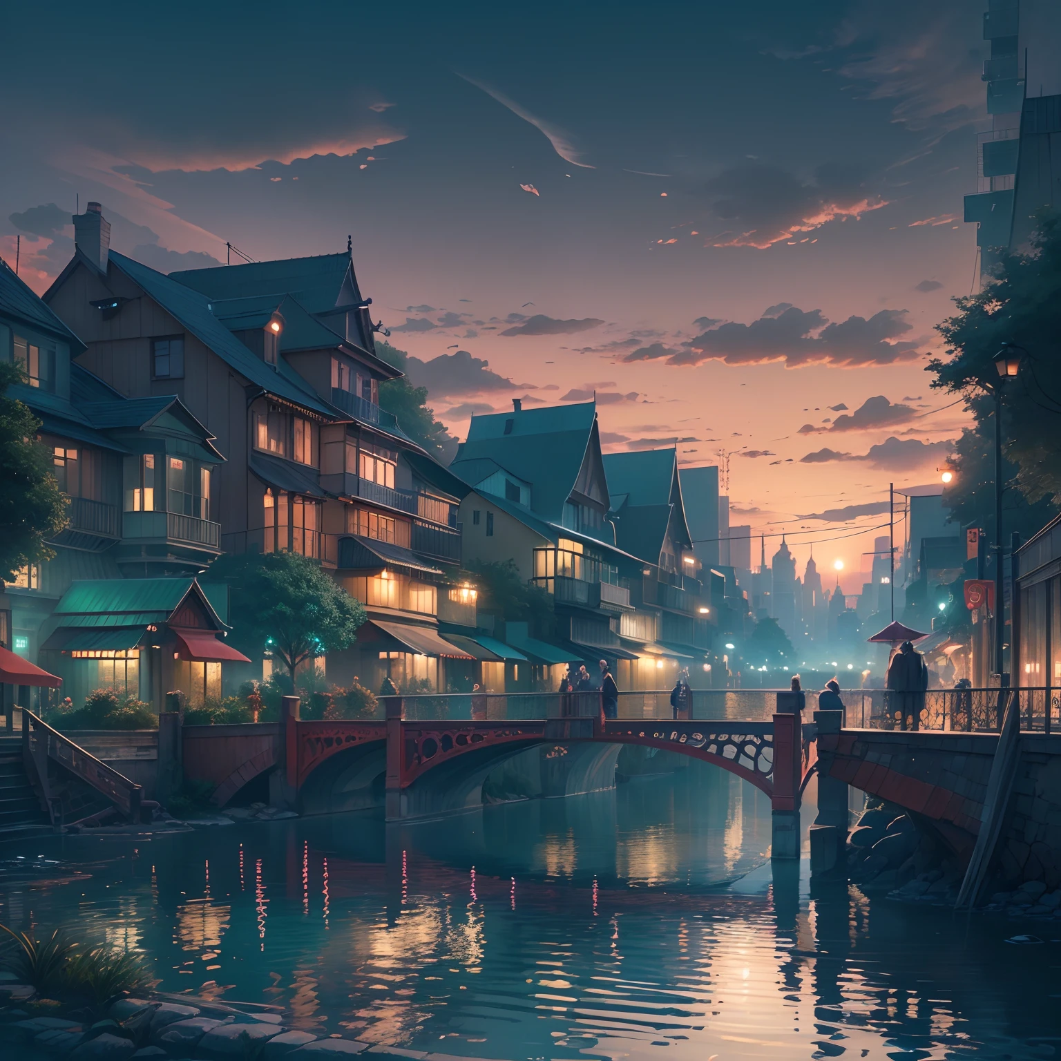 (a tranquil riverside at dusk, fence, city, CG, masterpiece:1.2), detailed fence, beautifully rendered buildings, vibrant city lights, anime-style characters, realistic water reflections, picturesque landscape, serene atmosphere