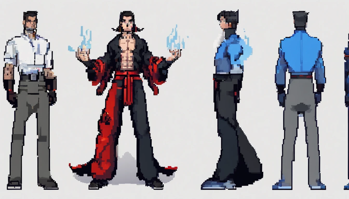 middle aged man, Evil painting style, A high resolution, Black color hair one bang infront, warrior, Delicate three-dimensional blue flame demon face, Expression of anger, Perfect body proportions, Black baggy pants and blue tank top, Handsome, The seven-doppelganger has an unobstructed view, standing on your feet, （White background：1.3）, martial artist, red flame aural。。。。。。。。。。。。。。。。。。。。。。。。。。。。, （Blackn clothes：0.8）, High detail, Masterpiece, ccurate, Anatomically correct, Textured skin