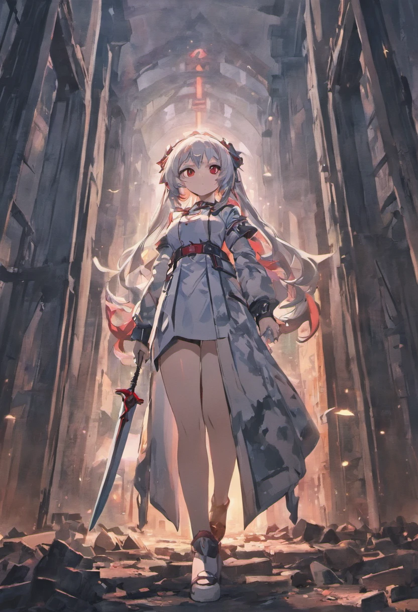 (masterpiece:1.2), best quality , PIXIV, 10 years girl , long white hair , red eyes ,Wearing white and gray camouflage uniforms , (anime girl have a black long knife in her hand) ,She stands in the ruins ,The sky is dark, at modern, (sky dim light)