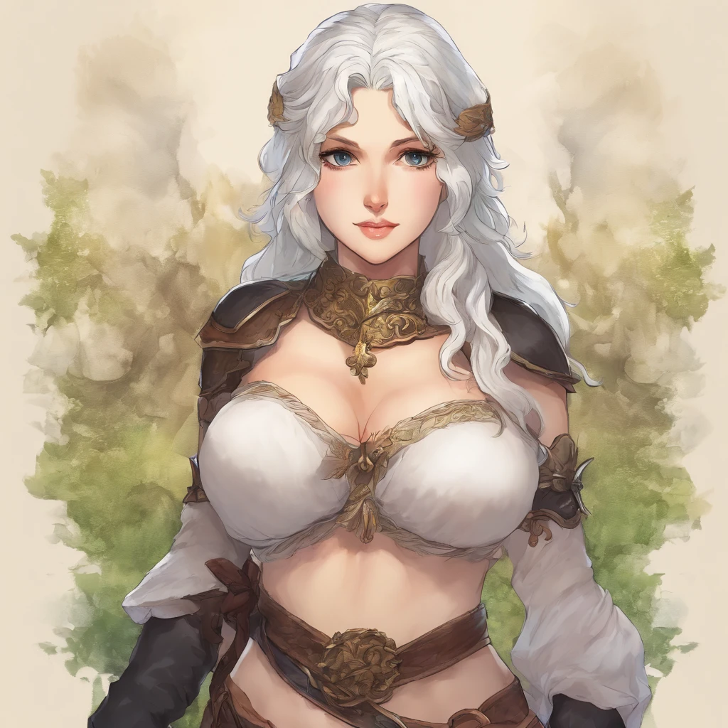 Illustration of ((very busty gigantic breasts)), huge breasts, scantly clad female knight, long flowing white hair, mature woman, milf, wearing black leather body straps harness tightening up. Micro thong, masterpiece, sketch, soft watercolour painting, ancient ruins, moss, nature, shallow water, looking at viewer teasing you with her breasts, anime, detailed face, detailed eyes