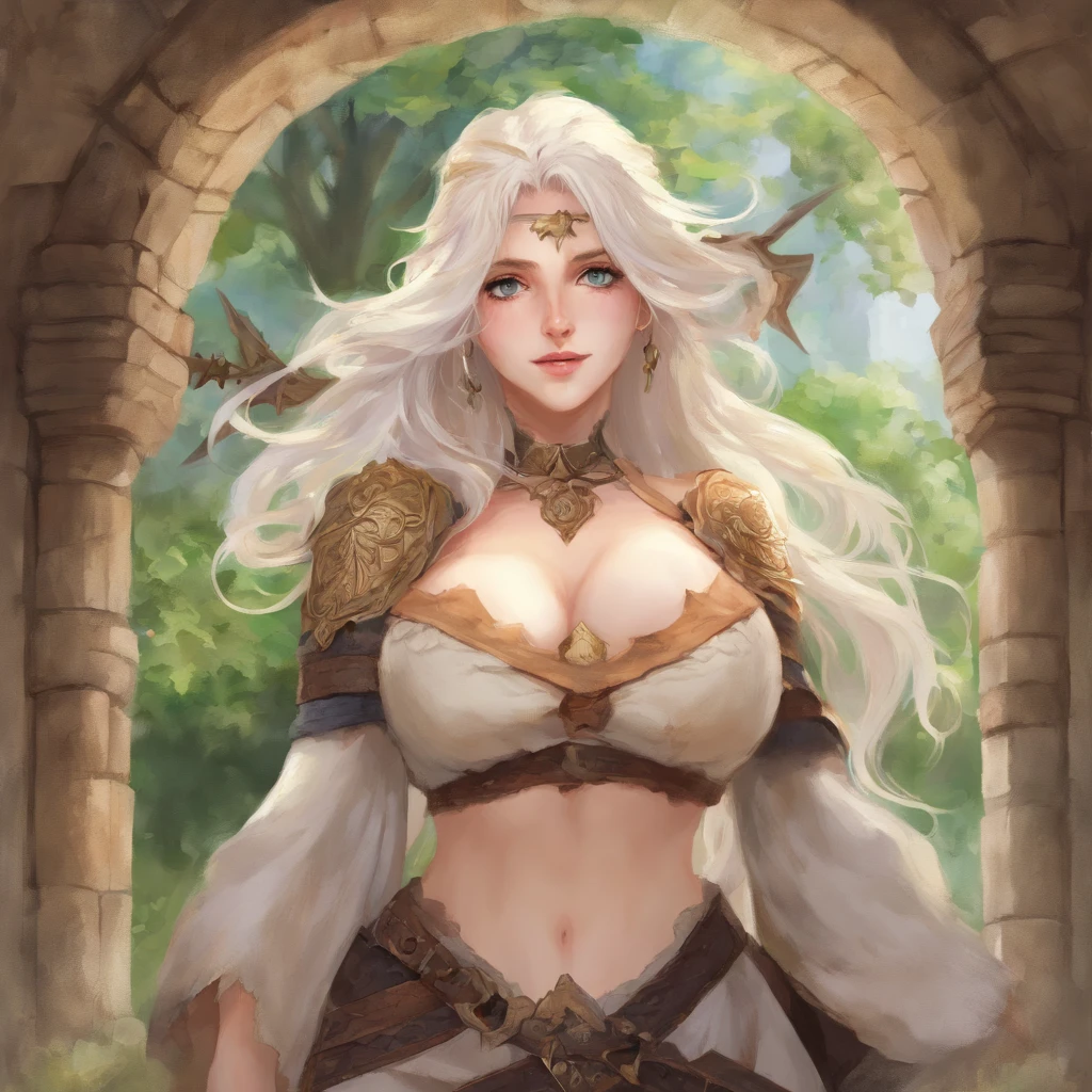 Illustration of ((very busty gigantic breasts)), huge breasts, scantly clad female knight, long flowing white hair, mature woman, milf, wearing black leather body straps harness tightening up. Micro thong, masterpiece, sketch, soft watercolour painting, ancient ruins, moss, nature, shallow water, looking at viewer teasing you with her breasts, anime, detailed face, detailed eyes