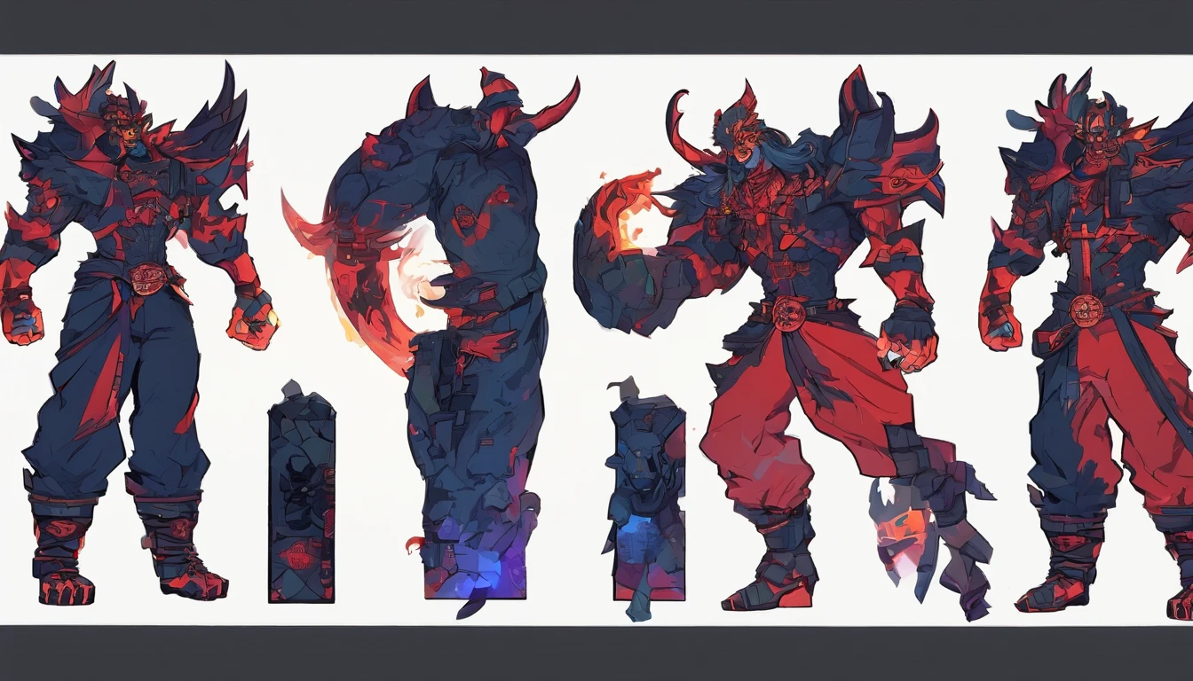 middle aged man, Evil painting style, A high resolution, Black color hair one bang infront, warrior, Delicate three-dimensional blue flame demon face, Expression of anger, Perfect body proportions, Black baggy pants and blue tank top, Handsome, standing on your feet, (White background:1.3), martial artist, red flame aural。。。。。。。。。。。。。。。。。。。。。。。。。。。。, (Blackn clothes:0.8), High detail, Masterpiece, ccurate, Anatomically correct, Textured skin