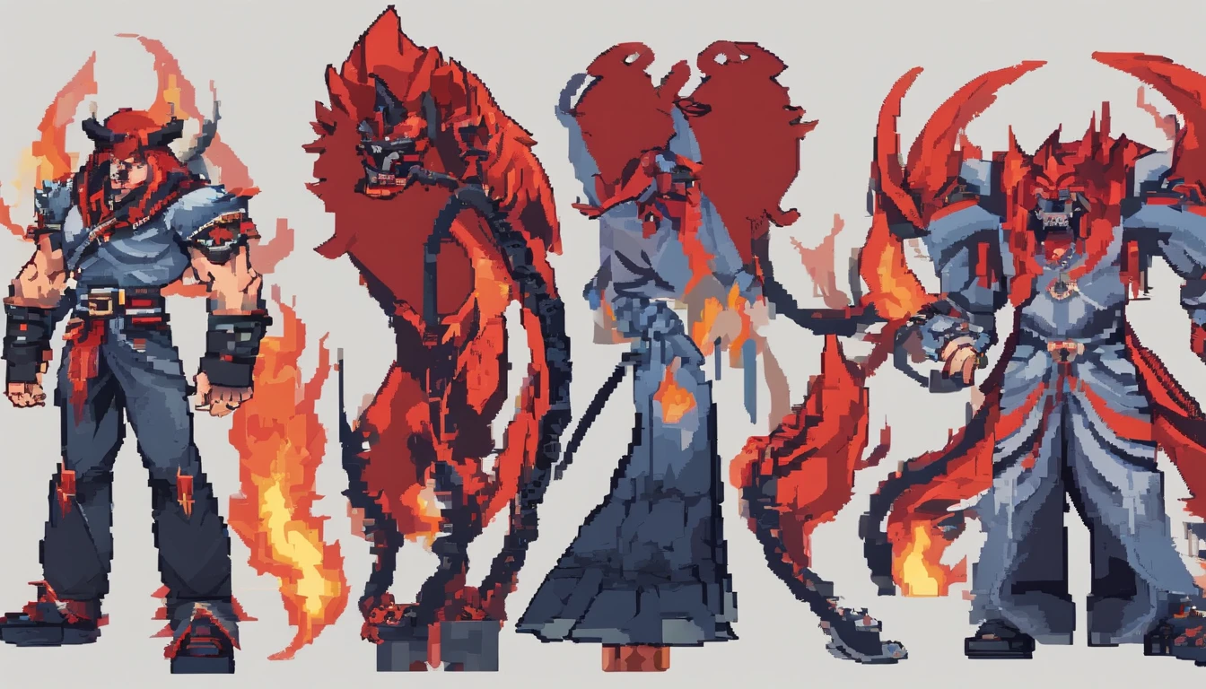 middle aged man, Evil painting style, A high resolution, Black color hair one bang infront, warrior, Delicate three-dimensional blue flame demon face, Expression of anger, Perfect body proportions, Black baggy pants and blue tank top, Handsome, standing on your feet, (White background:1.3), martial artist, red flame aural。。。。。。。。。。。。。。。。。。。。。。。。。。。。, (Blackn clothes:0.8), High detail, Masterpiece, ccurate, Anatomically correct, Textured skin