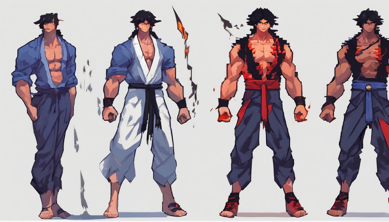 middle aged man, Evil painting style, A high resolution, Black color hair one bang infront, warrior, Delicate three-dimensional blue flame demon face, Expression of anger, Perfect body proportions, Black baggy pants and blue tank top, Handsome, standing on your feet, (White background:1.3), martial artist, red flame aural。。。。。。。。。。。。。。。。。。。。。。。。。。。。, (Blackn clothes:0.8), High detail, Masterpiece, ccurate, Anatomically correct, Textured skin