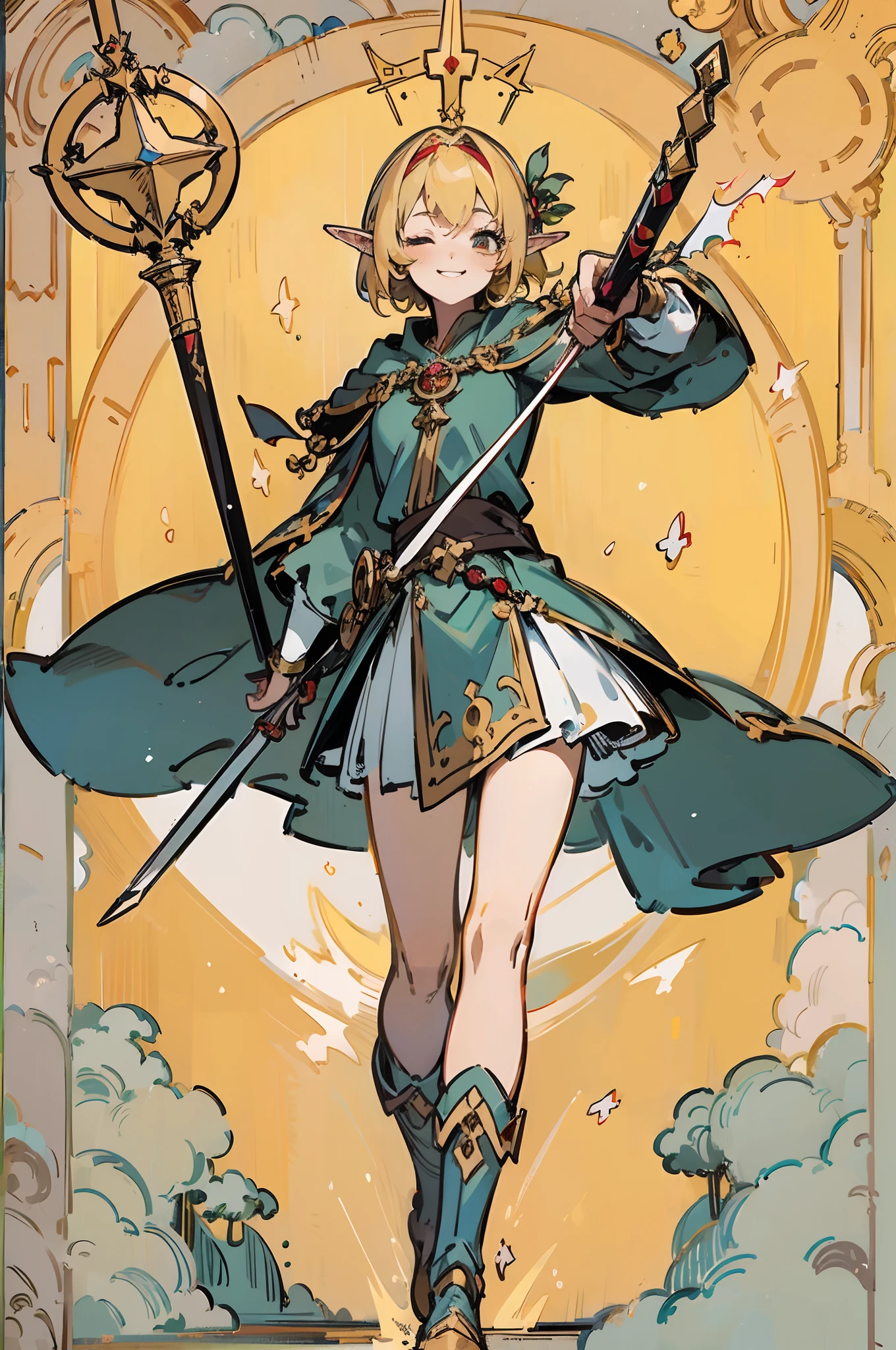 ((Masterpiece)), ((Best quality)), ((A high resolution)), ((finedetail)),tarot cards、magister、dungeons and dragons，Blonde elf girl in black robes，portraitures，standing on your feet，smile with one eye closed，Black belly