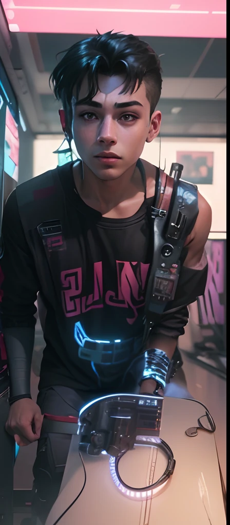 Change cyberpunk handsome young boy, realistic face, 8k, ultra realistic holding gutter.