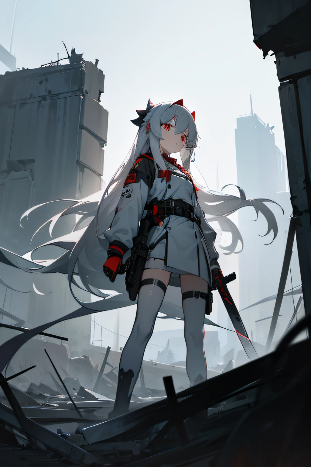 (masterpiece:1.2), best quality , PIXIV, girl , long white hair , red eyes ,Wearing white and gray camouflage uniforms , (anime girl have a black long knife in her hand) ,She stands in the ruins ,The sky is dark, at modern, (sky dim light)