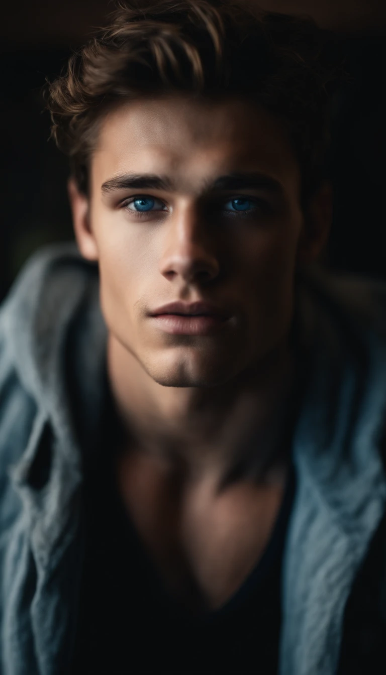 portrait of a handsome male model, 16 years old, shirtless, barechest, without beard, with dark messy wavy hair, super light blue eyes, thick lips, defined muscles, fit, ripped body, medium shot, ultra highest detailed face, darmatic lighting, dim light