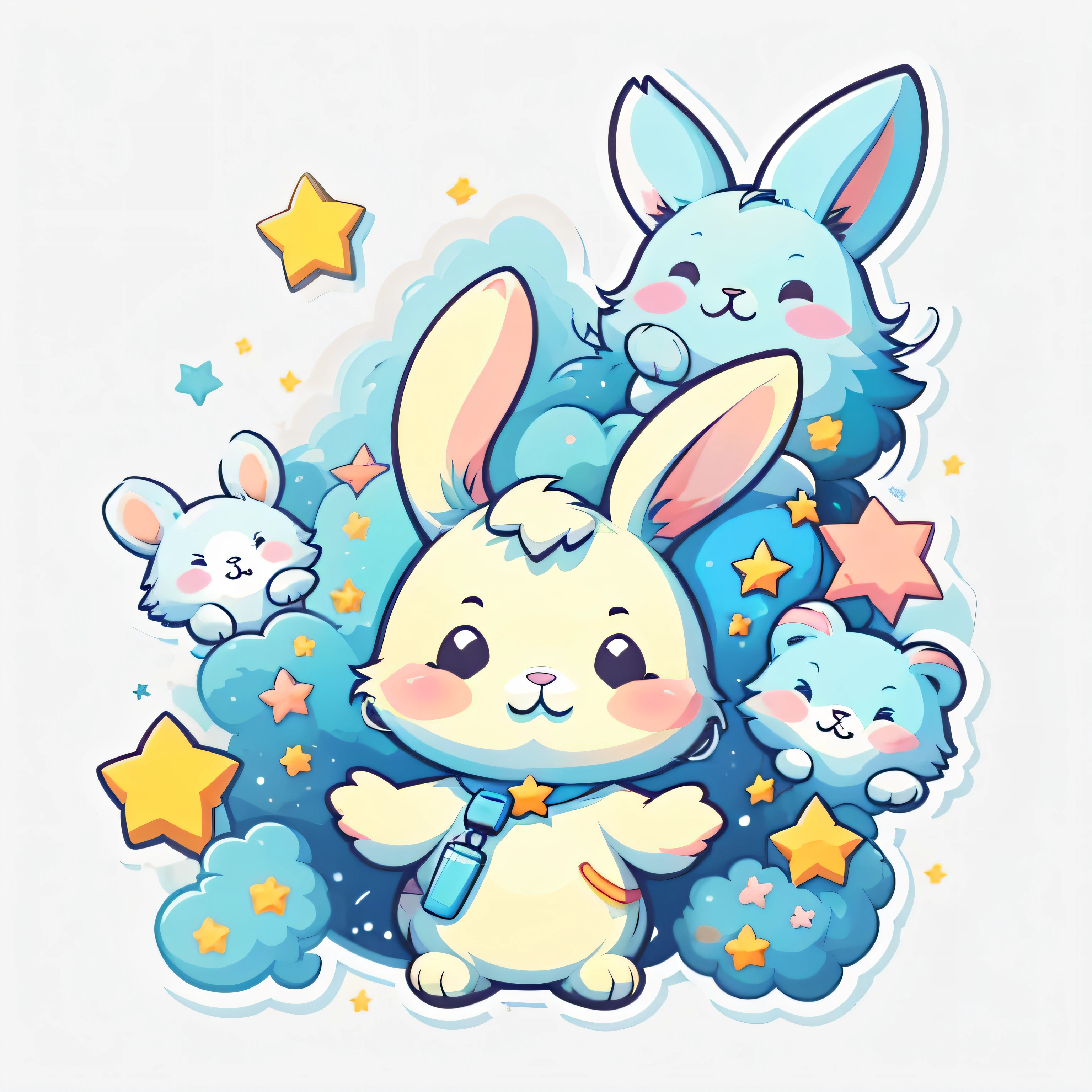 1 sticker, sticker, (cute, bunny), stars, white background, no background, simple background, minimal, cute, tiny, pastel color, vector style, no gradient,