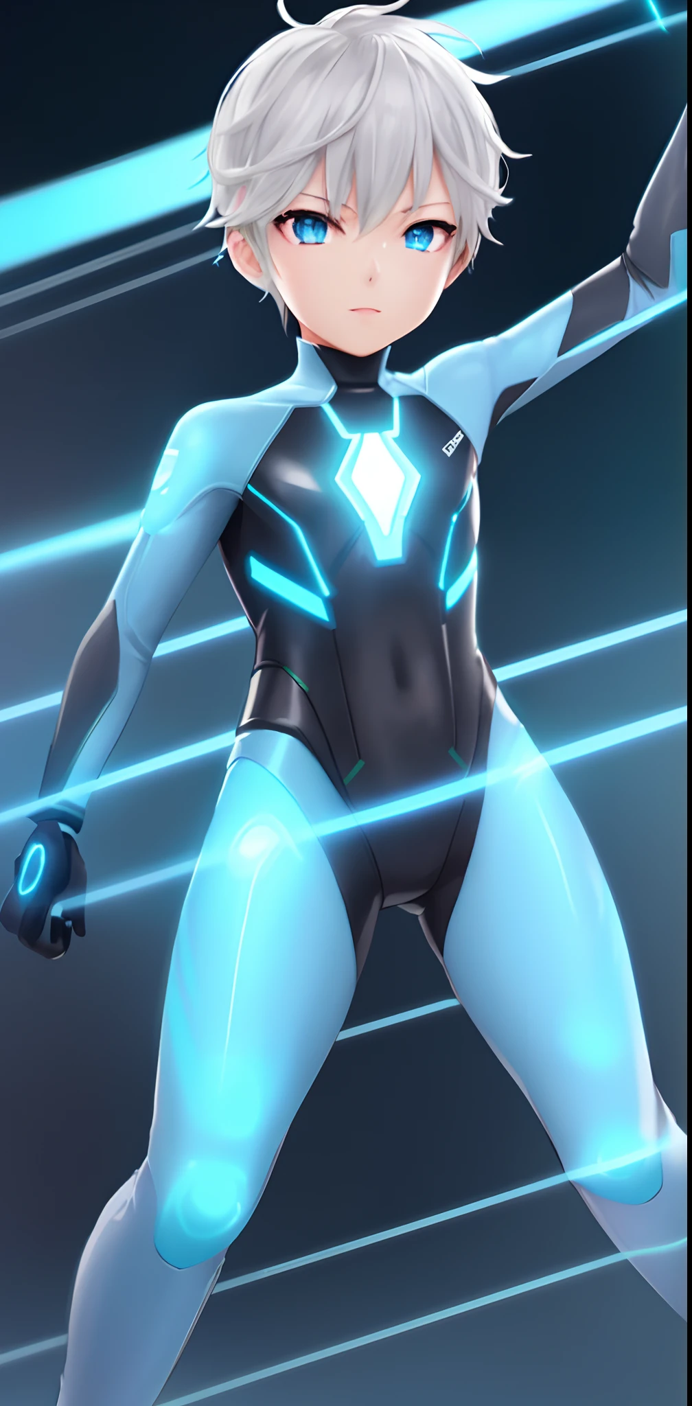 anime girl in a futuristic suit with a glowing blue light, cyber suit, laserpunk fullbodysuit, sleek glowing armor, echo from overwatch, cyan lightning, tracer in a skintight dress, cybersuit, tron, full portrait of electromancer, clothed in cyber armour, this character has cryokinesis, neon edges on bottom of body