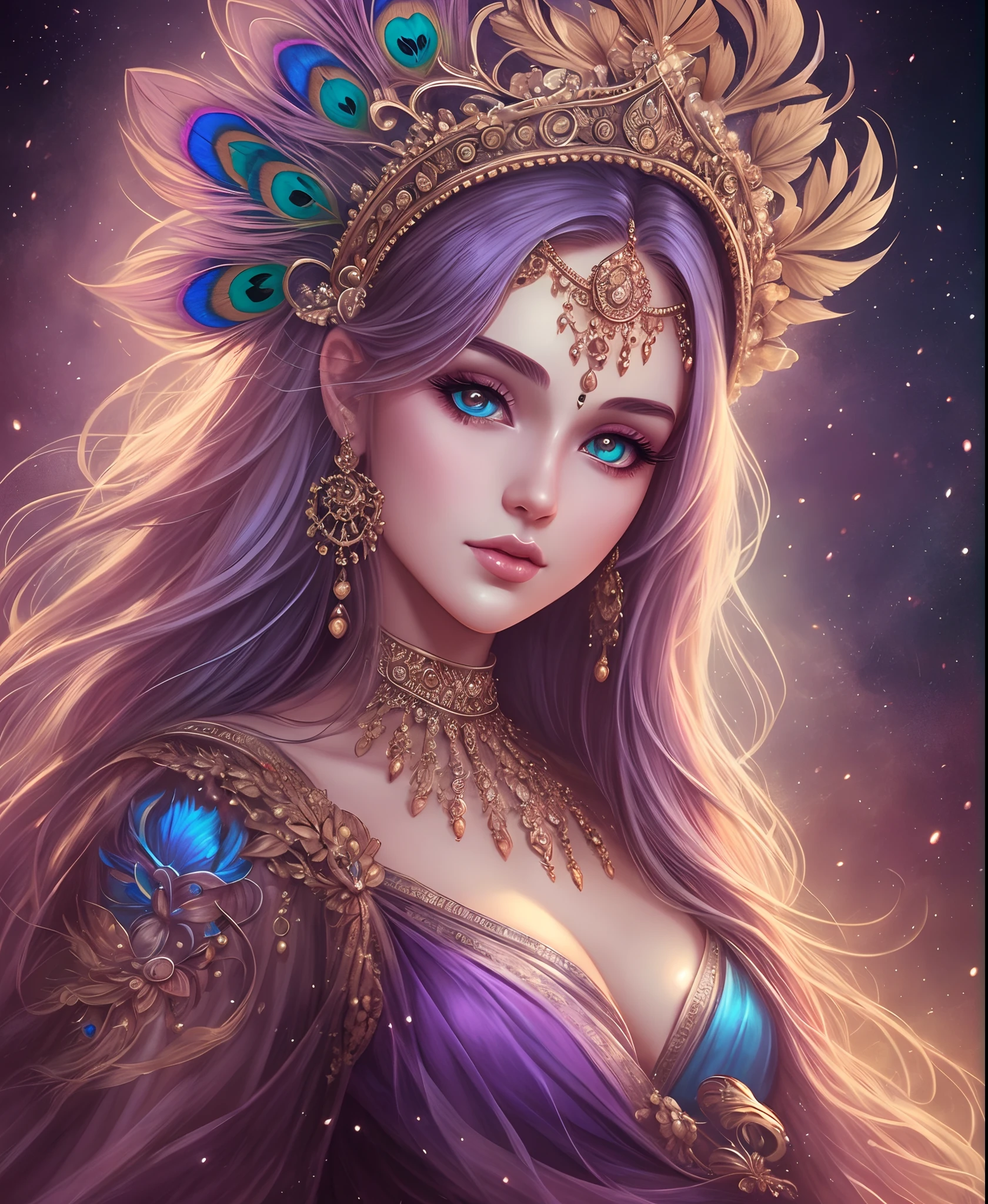 a peacock costume with a peacock headdress, a beautiful fantasy empress, a stunning portrait of a goddess, portrait of a beautiful goddess, lord krishna and Radha in a purple dress standing next to each other, 8k high quality detailed art, digital fantasy art ), beautiful digital artwork, cinematic romantic magical, 8k stunning artwork, beautiful depiction, concept art of love, very beautiful fantasy art, beautiful fantasy art, romance fantasy movie, neoartcore and charlie bowater, gorgeous digital art, beautiful digital art --auto --s2