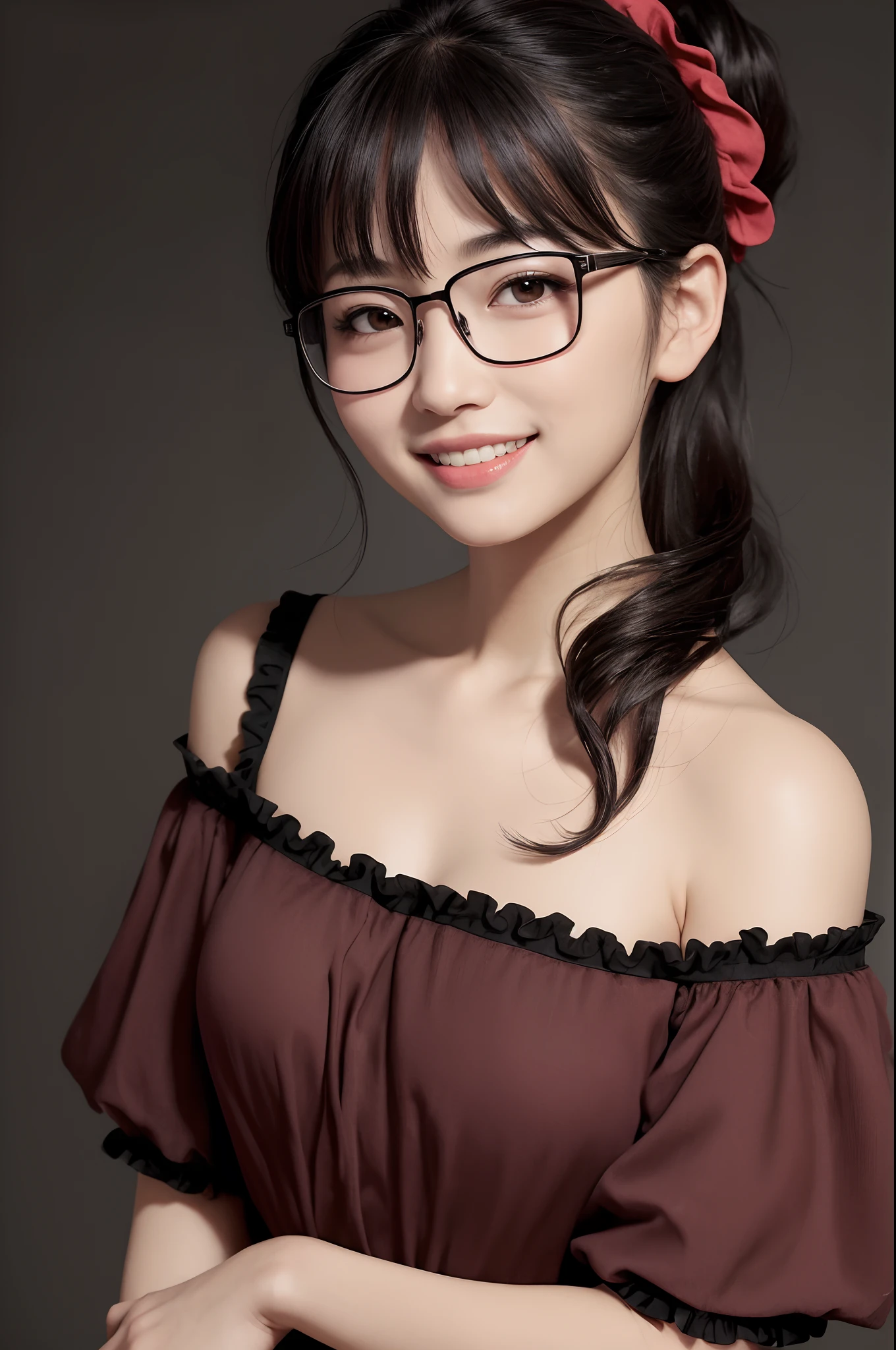 ((solo)), 1girl, japanese woman, blush, perfect illumination, short black hair in a ponytail with a red scrunchie, brown eyes, sidelighting, detailed face, bangs, bright skin, big smile, rimless glasses, black frilly off-shoulder sundress, simple dark background