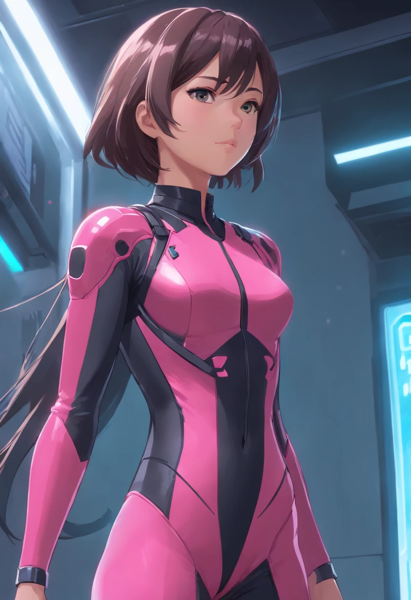 Close-up of a woman in a black and pink suit, concept art inspired by INO, cgsociety contest winner, neo-figurative, in spandex suit, Streamlined pink armor, slick pink armor, bubblegum body, Full body suit, tight full body suit, laserpunk fullbodysuit, cybersuit, matte pink armor, full body X-force costume