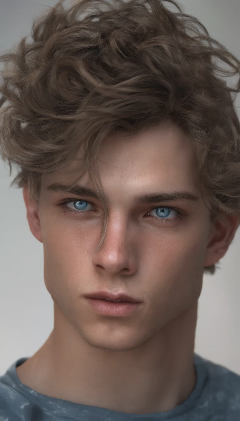 portrait of a handsome male model, 16 years old, shirtless, barechest, without beard, with dark messy wavy hair, super light blue eyes, thick lips, defined muscles, fit, ripped body, medium shot, ultra highest detailed face, darmatic lighting, dim light