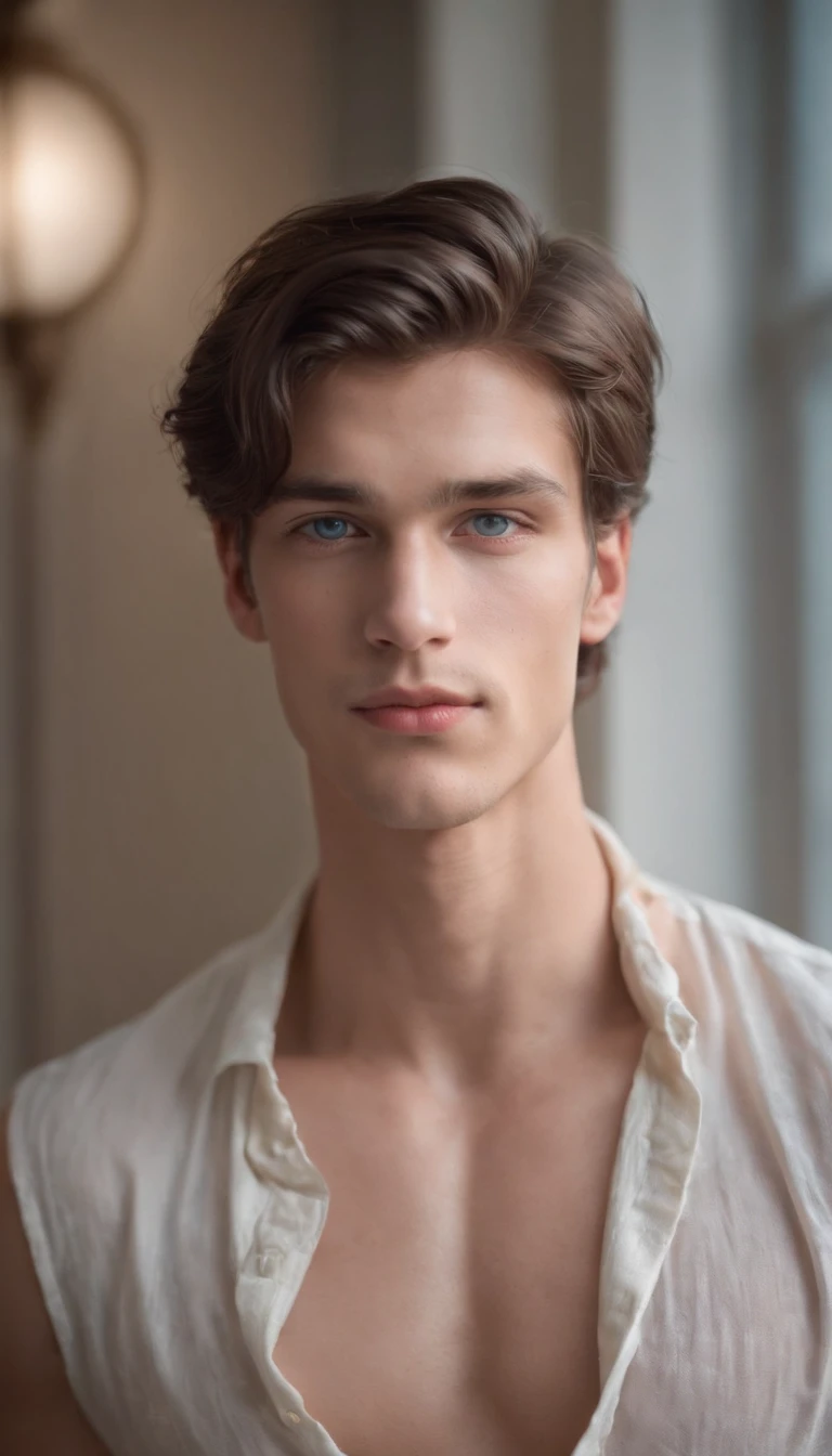 portrait of a handsome male model, 16 years old, shirtless, barechest, without beard, with dark messy wavy hair, super light blue eyes, thick lips, defined muscles, fit, ripped body, medium shot, ultra highest detailed face, darmatic lighting, dim light