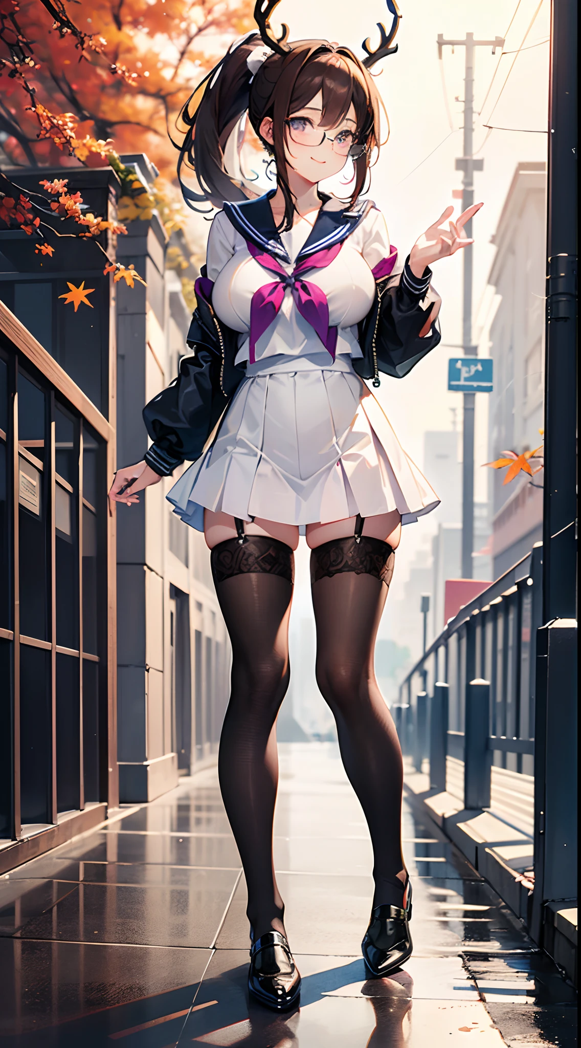 1 Girl,black silk feet,soles of feet ,Purple eyes,black hair,Straight hair,school uniform,Thigh skirt,morning,street,anime,light,Side light