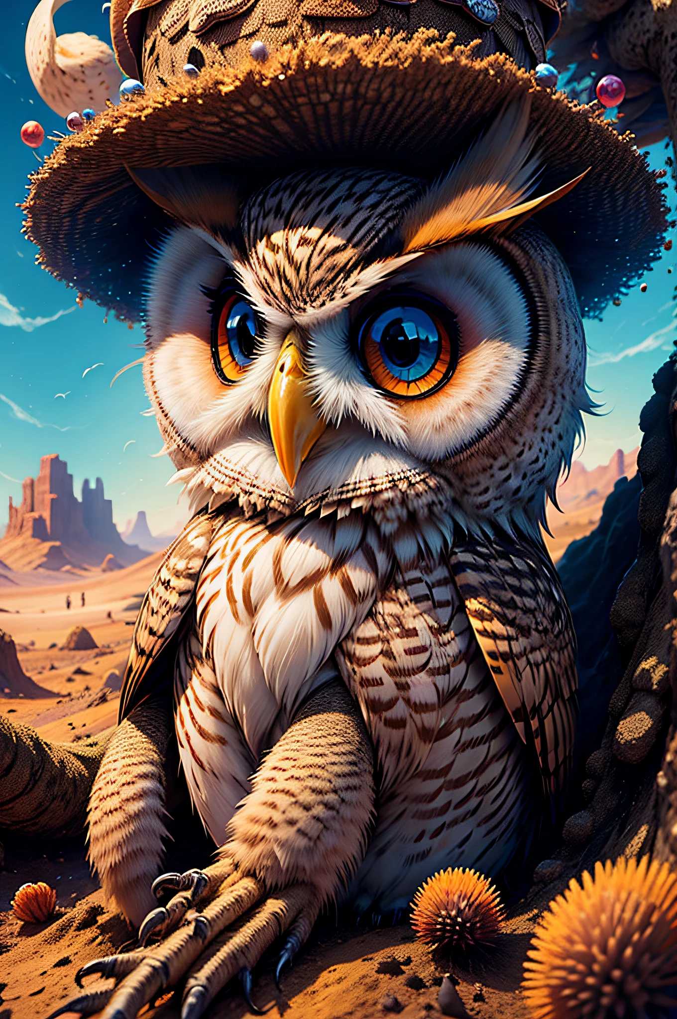 "''Desert'' Owl, art, Chibi, beautiful, colorful, Works, Superior Quality, best quality, Official Art, Beautiful and Aesthetic, (16k ultra-realistic)" splash,