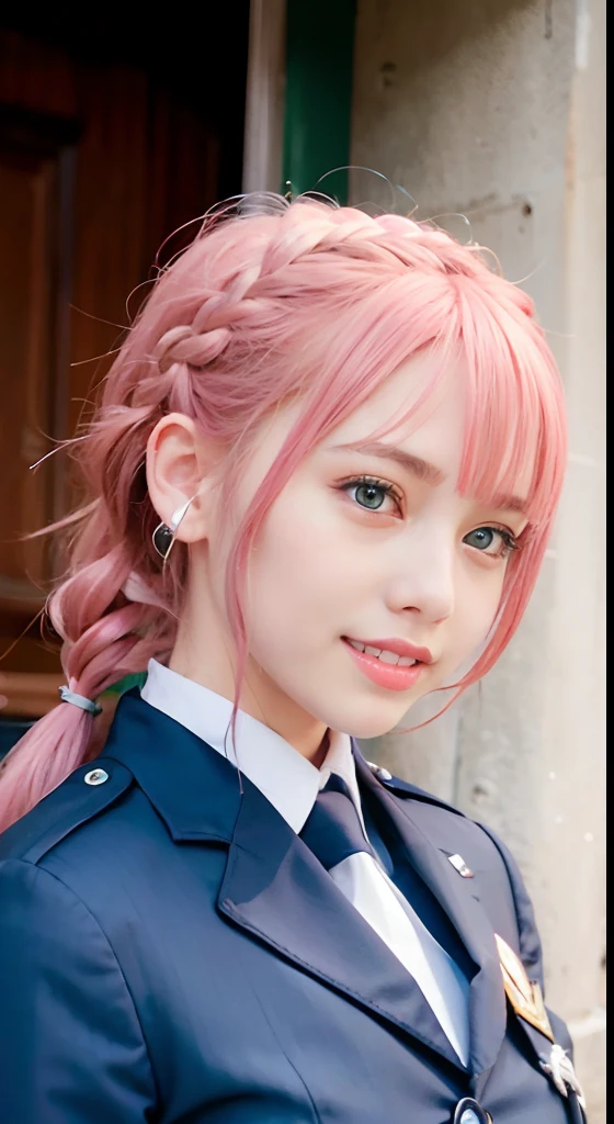 (ultra-detailliert), police uniform with、Blue eyes,The upper part of the body、a closeup、faces、(A smile:1.5),(facing front:1.2), 20yr old, s girl,no tail,(no tail),2D, masterpiece, top-quality, animesque, A detailed eye, A detailed face, girl with, Only 1 person,Medium hair with pink hair, (Pink hair), Ear Hair, small tits, Single braid, (Single braid), (Side braid), The background is inside the building
