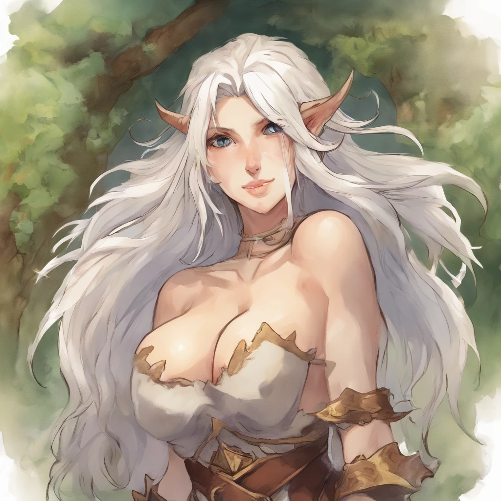 Illustration of ((very busty gigantic breasts)), huge breasts, scantly clad female knight, long flowing white hair, mature woman, milf, sexy, seductive, alluring, erotic, nsfw, wearing black leather body straps harness, Micro thong, masterpiece, sketch, soft watercolour painting, ancient ruins, moss, nature, shallow water, looking at viewer teasing you with her breasts, anime, detailed face, detailed eyes, detailed face, ultra detailed