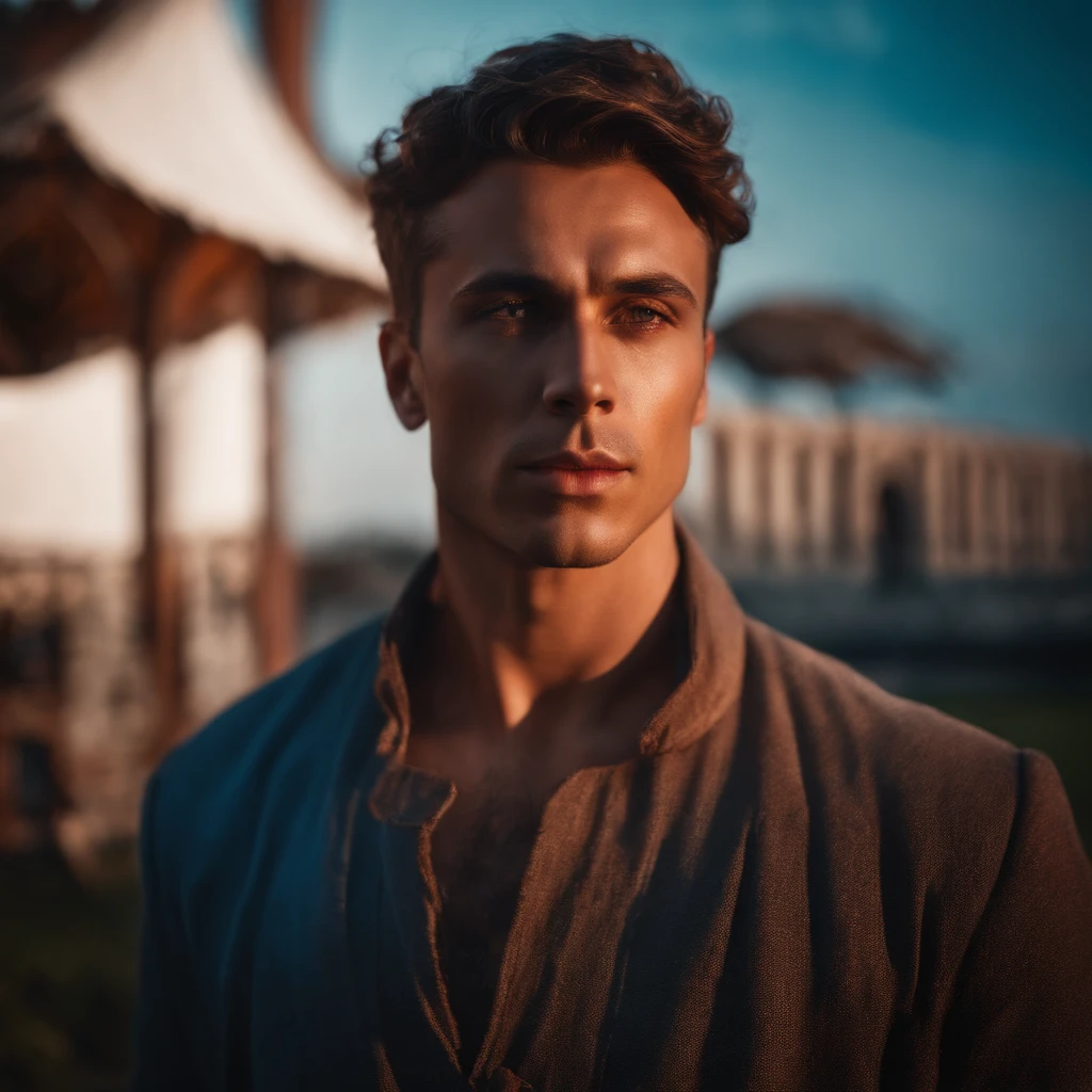 (Absurd, highres, ultra-detail), 1male, young, tanned skin. Blindfold on right eye, blue hair, dramatic light, Detailed, masterpiece, Stand in front of the castle., sunset light, Orande Sunset Red and Red Tones