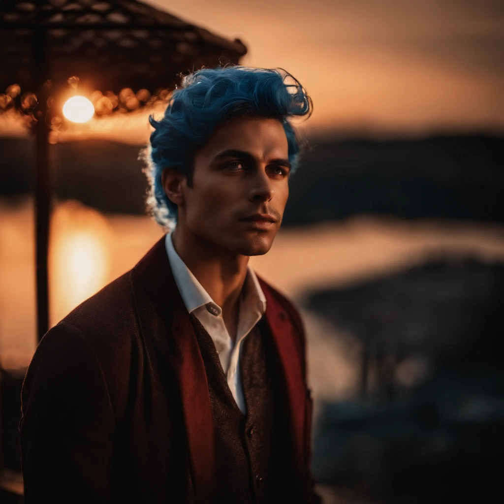 (Absurd, highres, ultra-detail), 1male, young, tanned skin. Blindfold on right eye, blue hair, dramatic light, Detailed, masterpiece, Stand in front of the castle., sunset light, Orande Sunset Red and Red Tones