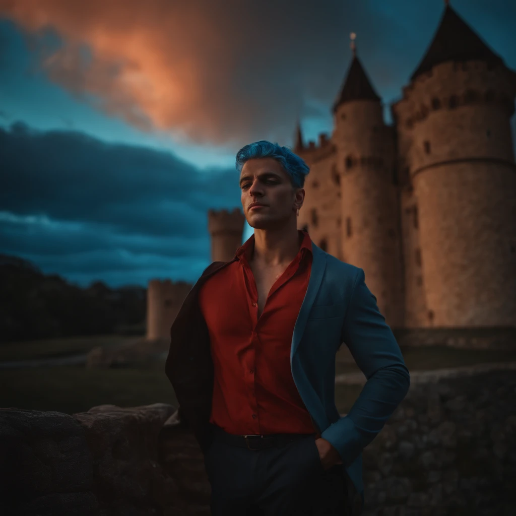 (Absurd, highres, ultra-detail), 1male, young, tanned skin. Blindfold on right eye, blue hair, dramatic light, Detailed, masterpiece, Stand in front of the castle., sunset light, Orande Sunset Red and Red Tones