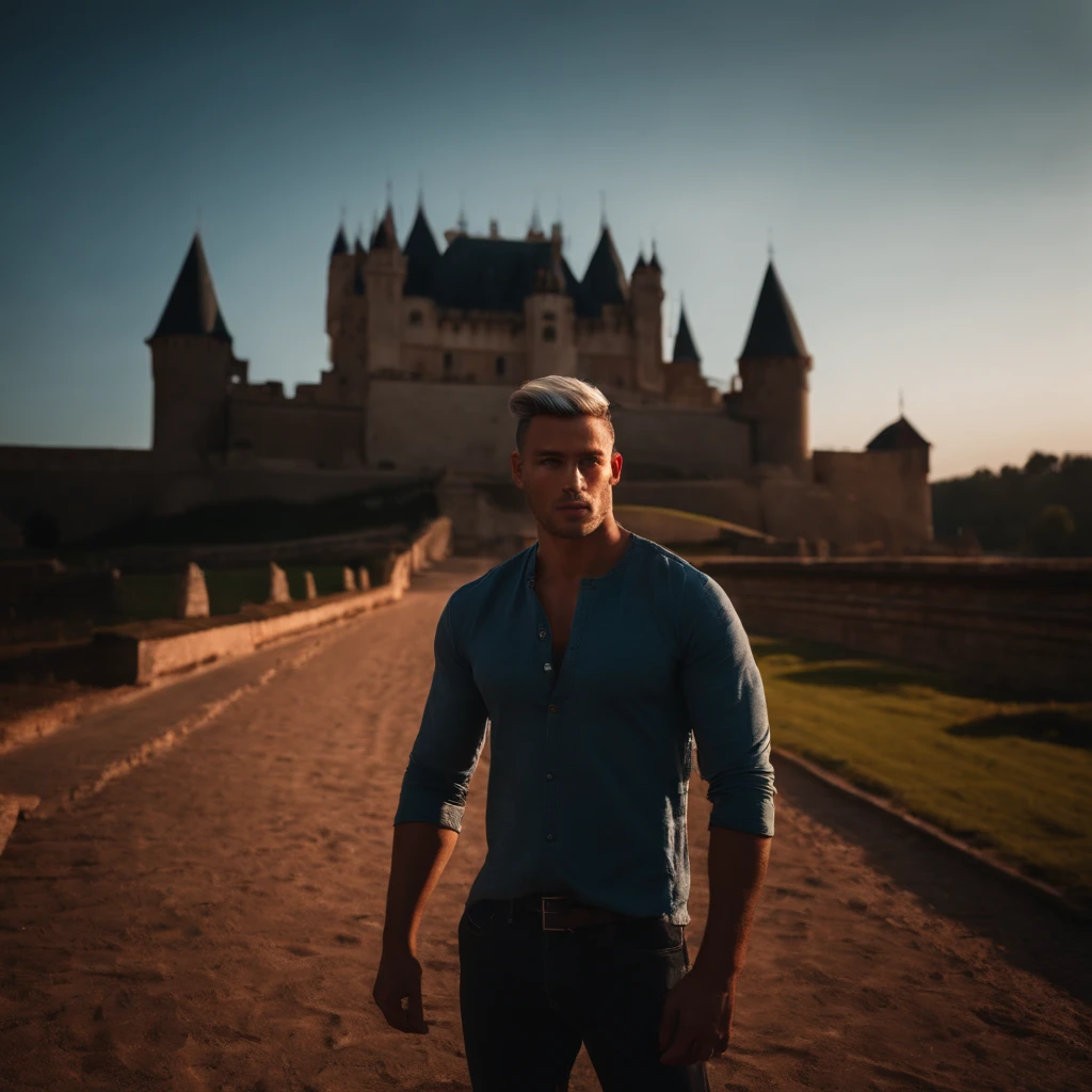 (Absurd, highres, ultra-detail), 1male, young, tanned skin. Blindfold on right eye, blue hair, dramatic light, Detailed, masterpiece, Stand in front of the castle., sunset light, Orande Sunset Red and Red Tones