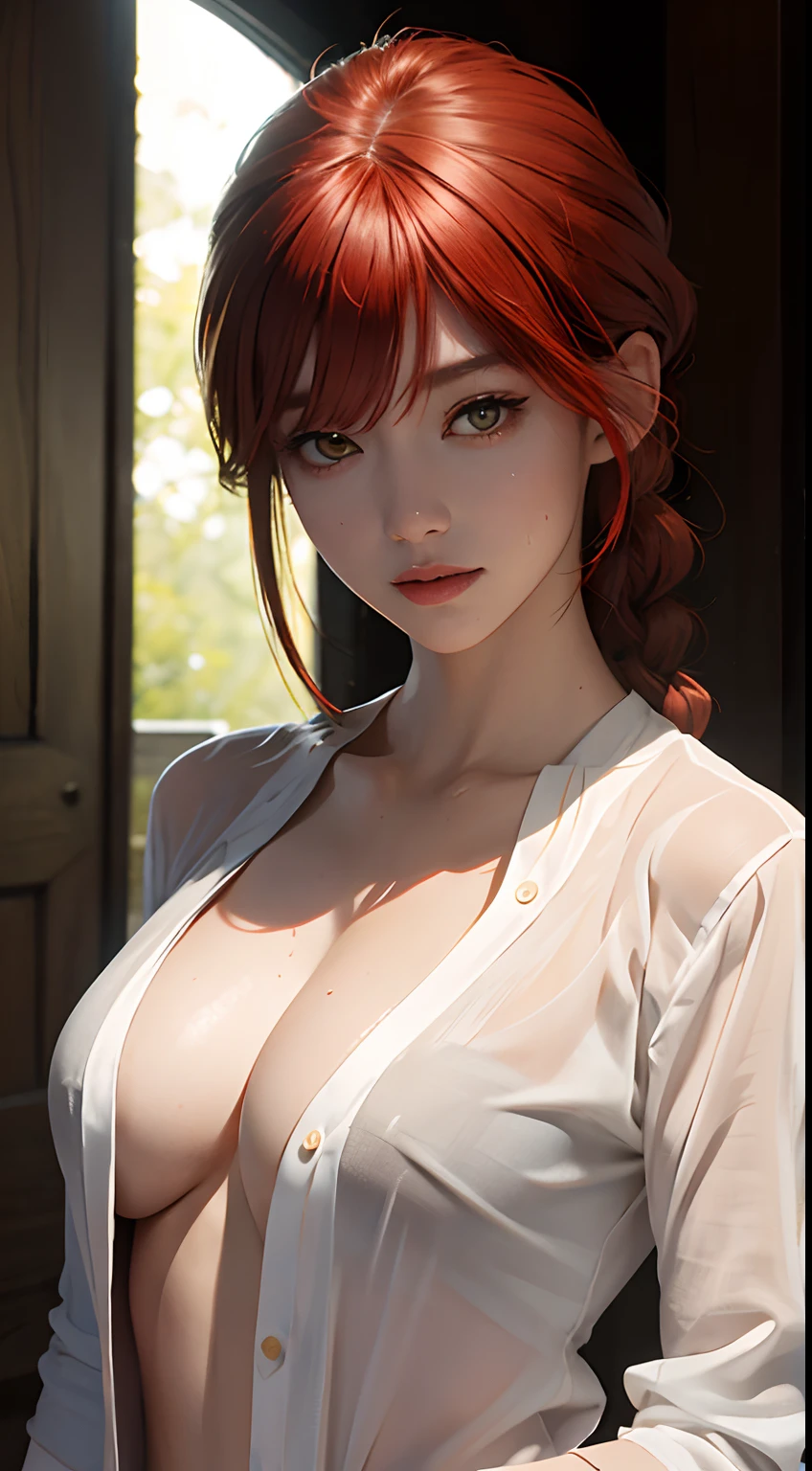 (masterpiece), gorgeous, a beautiful woman, coboy shot, makima \(chainsaw man\), (red haired), perfect anatomy, perfect face, expresive eyes, realistic, calm expression, soft expression, happy, smilling, sensual, white shirt, yellow eyes, photorealistic, detailed hair, braid, bangs, perfect skin, soft skin, perfect lighting, semi-realistic, film grain,close up,  (young), black pants, (open shirt), wet body, sweat, 
BREAK she is wearing a open white shirt, she is beautiful, she is calm, is a photorealistic image,