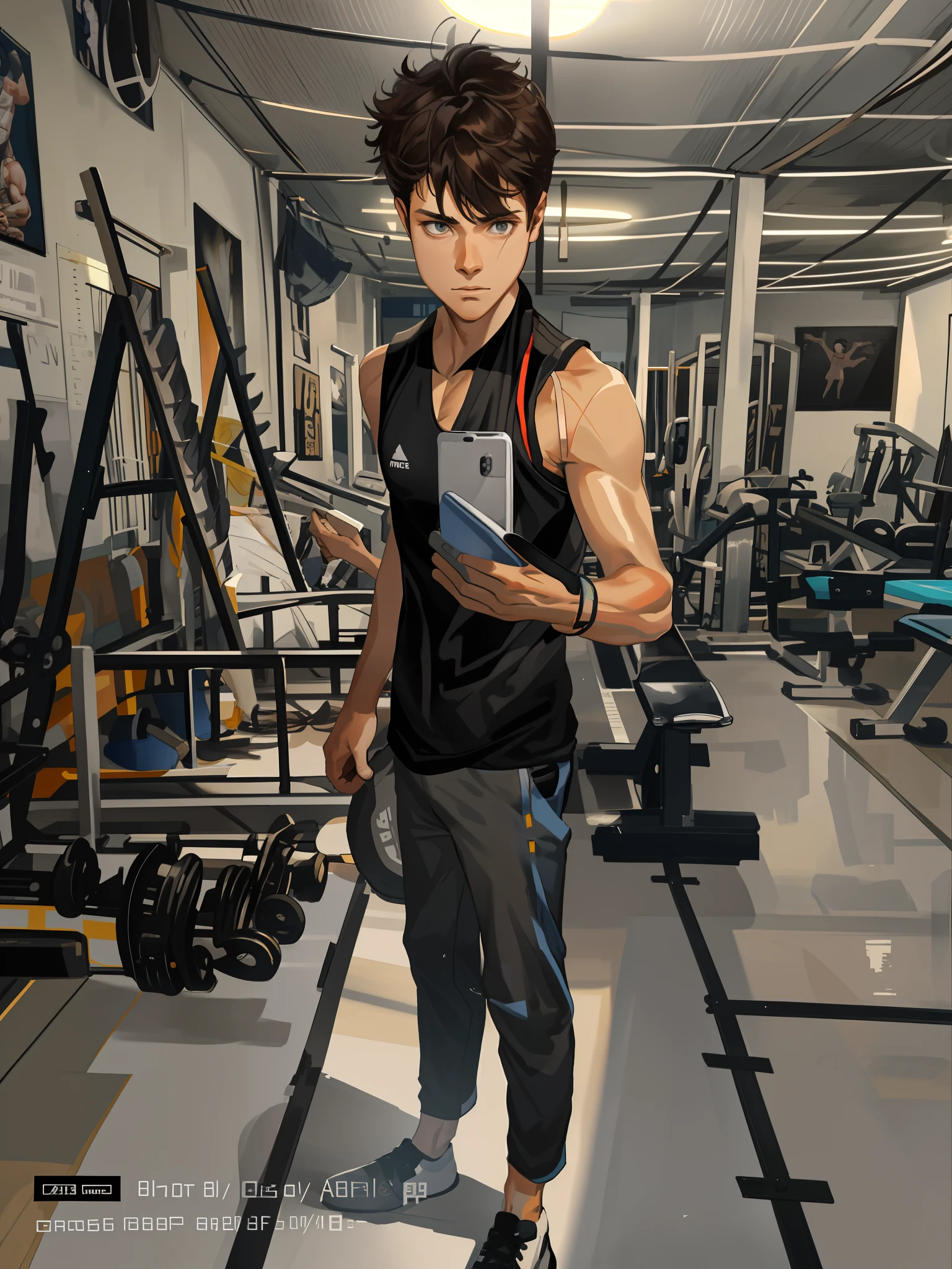 he's man short hair brown hair brown eyes messy hair He's very short 1.59 m he's wearing the grey gym pants and a black tank top He's a person who is moderately strong, he's got he's got a little bit of muscle, he's in shoes.mobile I phone.