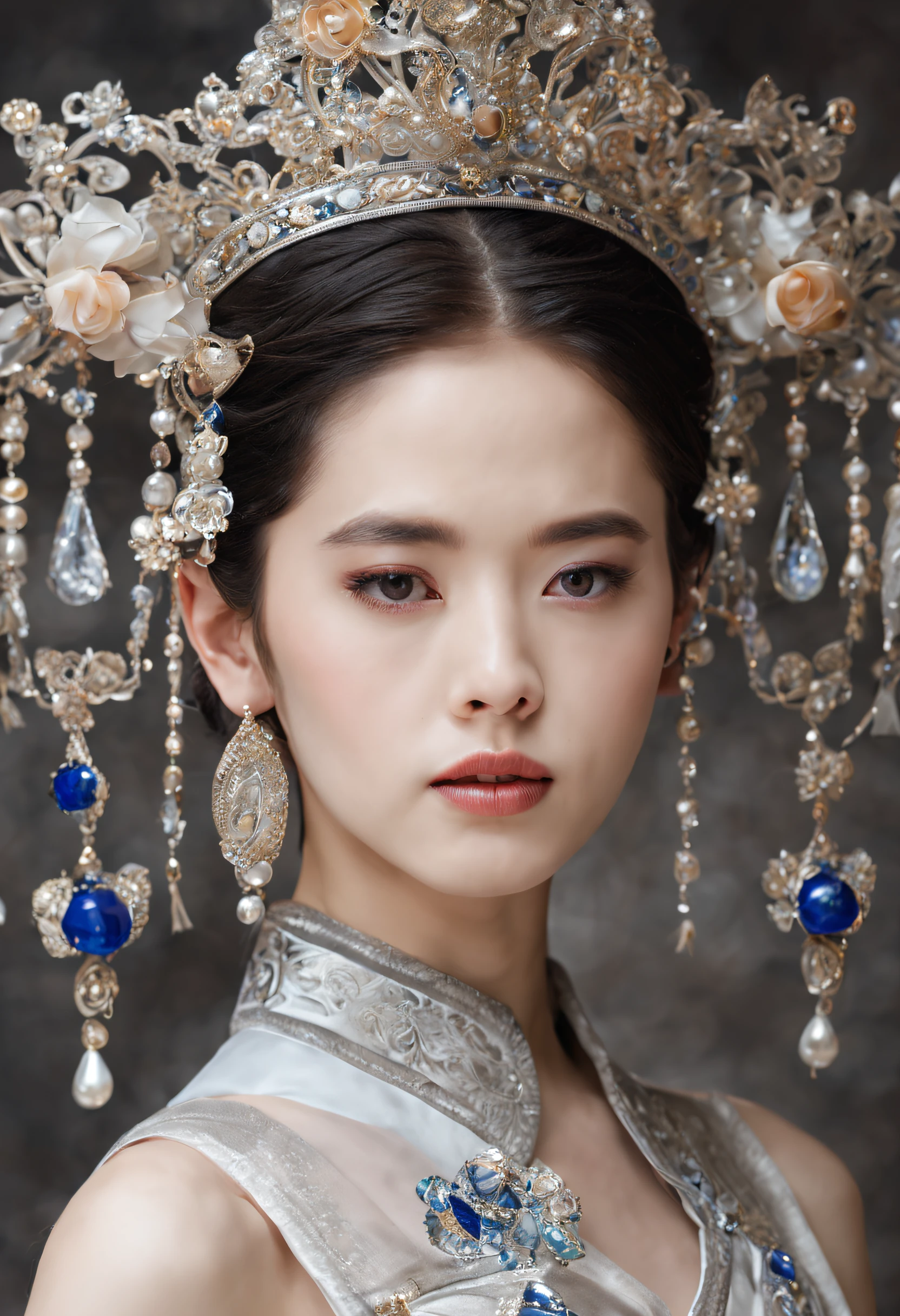 21-year-old girl,White complexion,Deep eyes,Short hair,There are sideburns on the sides of the face,Elongated fox eyes,Heavy finish,Silvery hair,Wear a luxurious Chinese silver tiara,The headdress is of high quality,The tiara is embellished with jewelry,The girl background is mysterious and simple,The face has a smooth line,Round Chin
