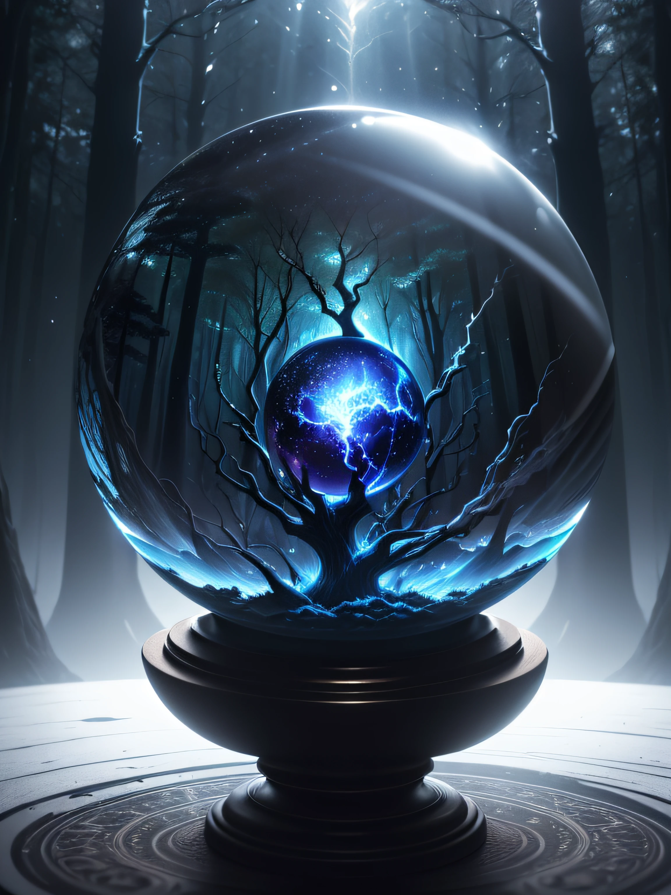 Ultra-realistic, 16K high resolution, (Max Sharp Focus: 1.3), (Max Close-up: 0.5), (World Tree trapped in a Crystal Perfect Ball with pedestal: 1.7), (Light, Storm, Black Clouds Shine into Dark Forest: 1.4)