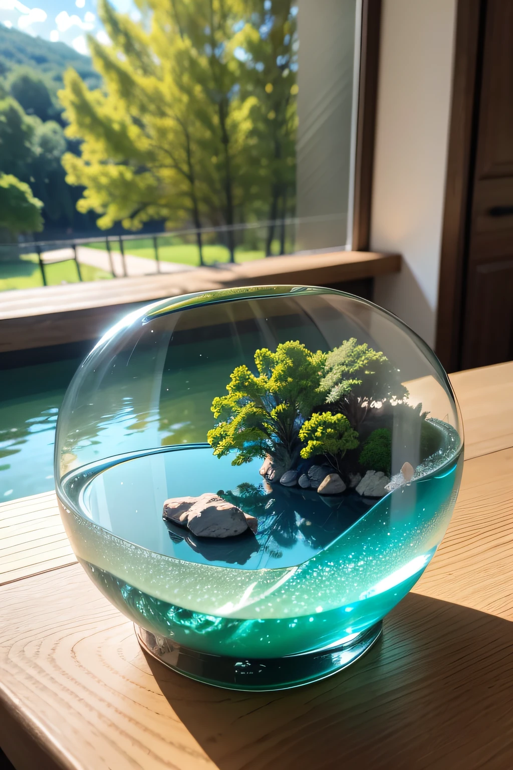 nature dans un bocal de verre rectangulaire, l'interieur du verre falaise, chute d'eau beaucoup d'arbre de couleur differente, oiseau, lac, chef d'oeuvre, grand zoom dessus