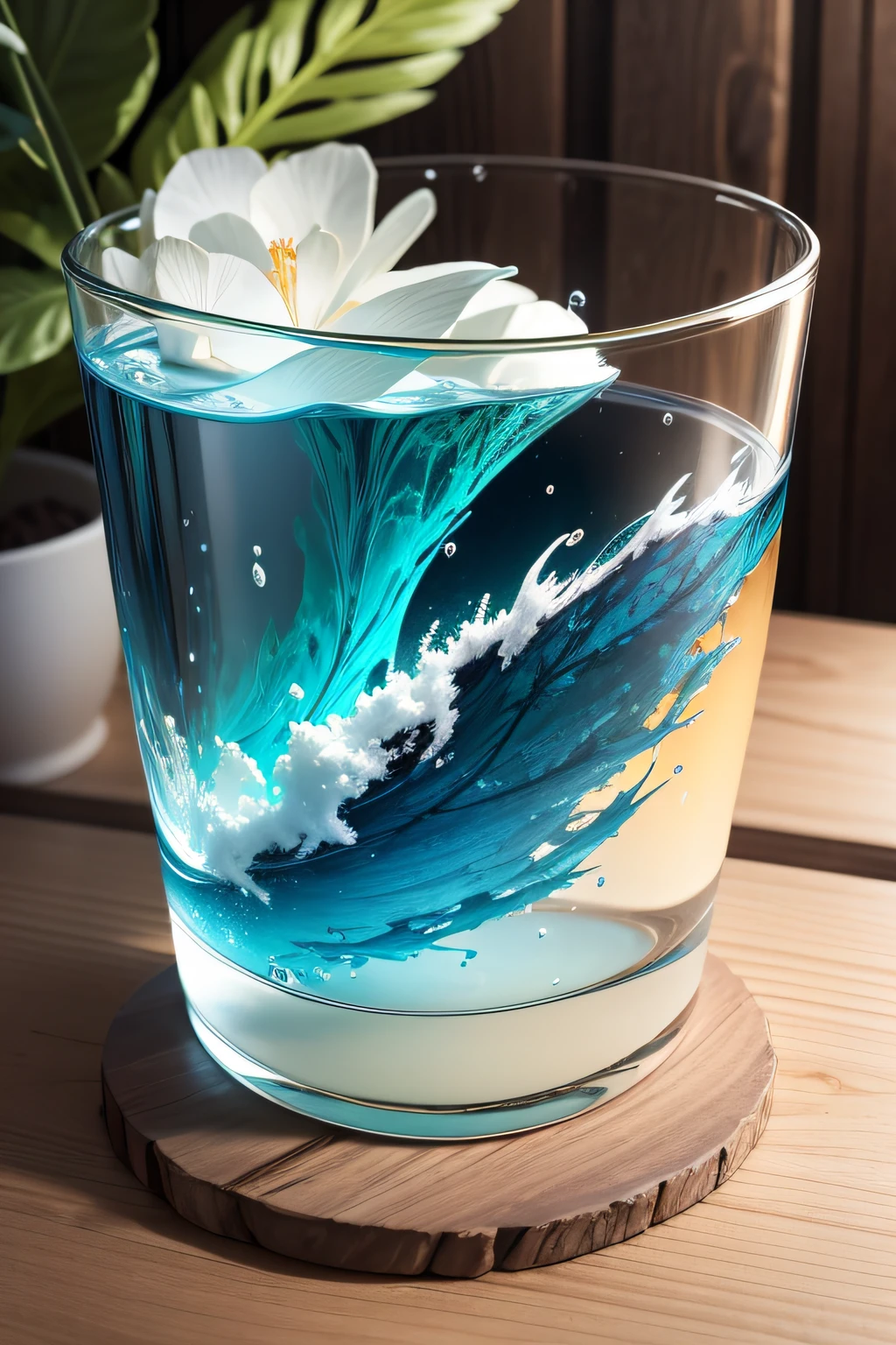 nature dans un bocal de verre rectangulaire, l'interieur du verre falaise, chute d'eau beaucoup d'arbre de couleur differente, oiseau, lac, chef d'oeuvre, grand zoom dessus