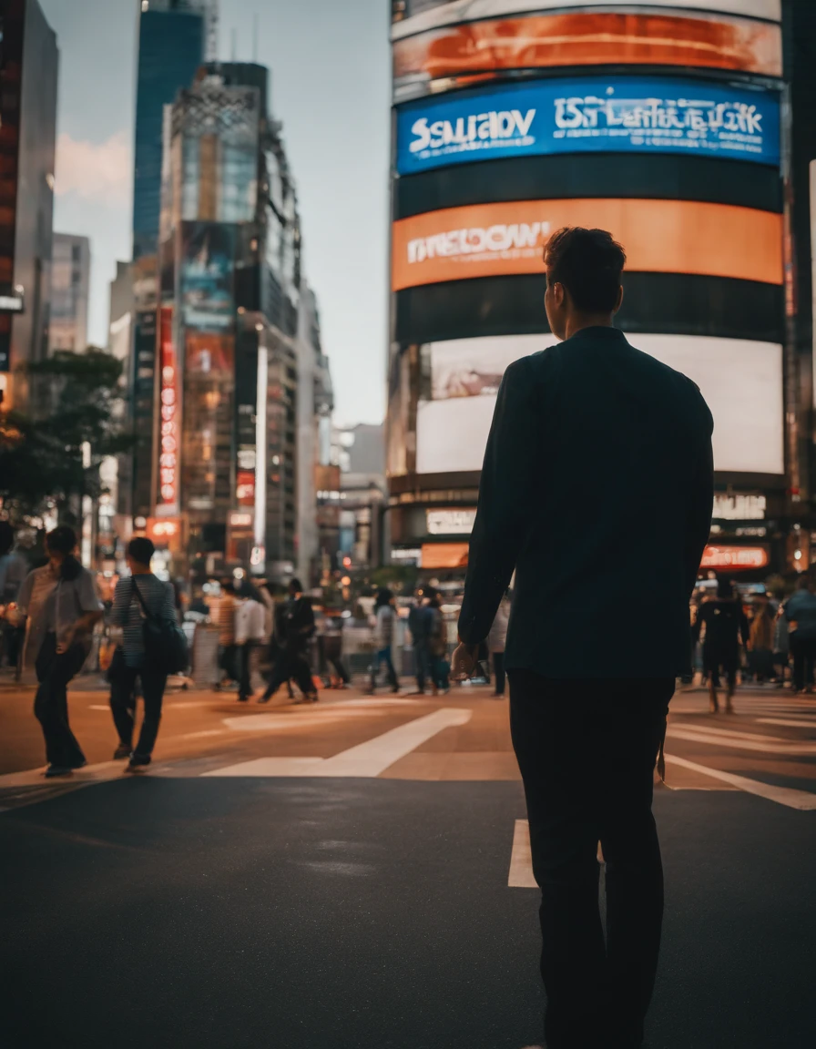 Against the backdrop of people walking at Shibuya intersection, Morning sky, natural light, Adjust the lighting to match the scene......, sharp, sharp, close up shot, shirt, Same move....., Half-body photo, japan, in Tokyo, In Tokyo Shinjuku, In NeoTokyo, dreamy, torii in the background, Orange sky, Action Scenes, Marvel., sci-fi, lifelike, sharp,