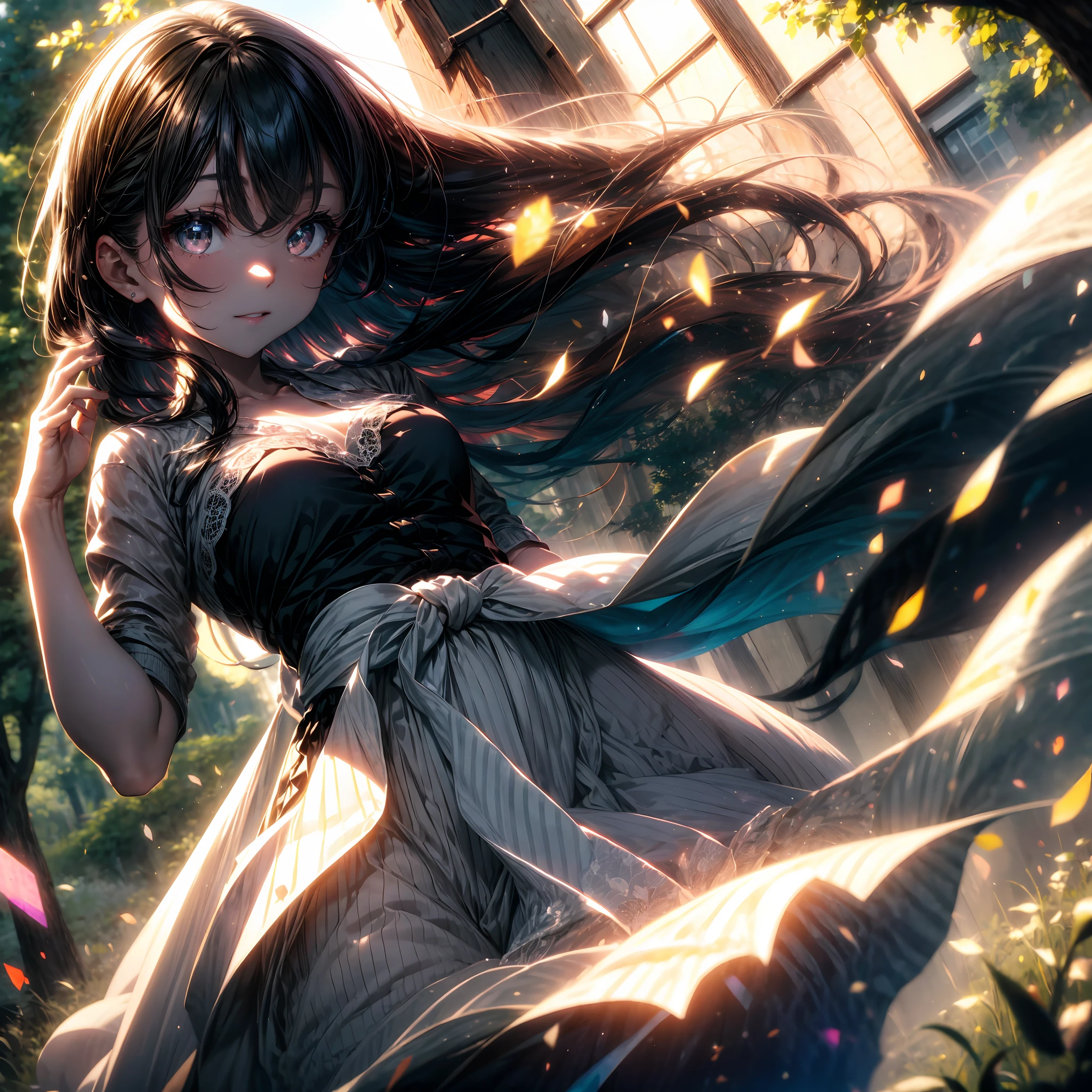 In the midst of a picturesque garden, there stands a beautiful girl who seems to have stepped out of a fairy tale. She is the embodiment of grace and elegance, capturing the essence of nature's beauty. Her long, flowing hair, the color of chestnut with subtle hints of auburn, cascades down her back in loose, soft waves, catching the dappled sunlight filtering through the trees. The gentle breeze rustles through her locks, giving them a mesmerizing, ethereal quality.Her delicate face is adorned with a flawless complexion, like porcelain kissed by the sun. High cheekbones frame her features, and her almond-shaped eyes, the color of a deep forest green, are framed by long, dark lashes that flutter with every blink. They hold a hint of mystery and curiosity, revealing a soulful depth within.Her lips, a soft shade of rose, curve into a warm and inviting smile, radiating kindness and warmth. A subtle flush of pink graces her cheeks, adding a touch of natural charm to her already enchanting visage. She wears a dress that seems to have been plucked from a fairy's wardrobe. The bodice is adorned with intricate lacework that trails delicately down the neckline, giving a hint of allure without being overt. The fabric is a dreamy, pastel shade of lavender, reminiscent of a field of blooming wildflowers in the soft glow of twilight.The dress cinches at her waist, accentuating her slender figure before flowing gracefully into a skirt that billows around her like a cloud, as if she's floating on air. The skirt is adorned with layers of sheer chiffon that catch the light, creating an illusion of shimmering magic.Around her waist, a satin ribbon belt ties into a bow, completing the enchanting ensemble. Her dainty feet are shod in ballet flats, their color harmonizing with the dress, allowing her to move with the utmost grace.Every detail, from the lacework to the delicate fabric and the way the dress enhances her natural beauty, tells a story of elegance and enchantment
