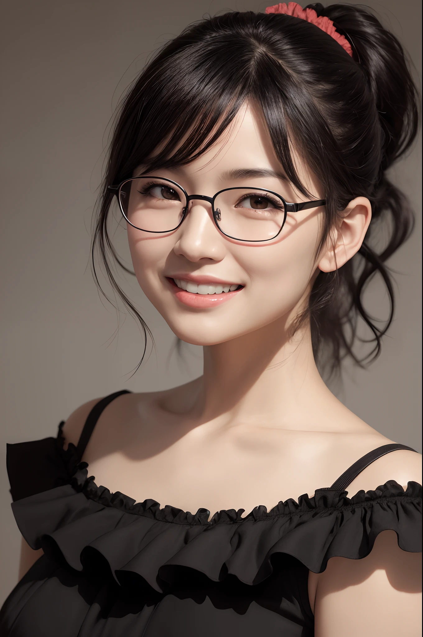 ((solo)), 1girl, japanese woman, blush, perfect illumination, short black hair in a ponytail with a red scrunchie, brown eyes, sidelighting, detailed face, bangs, bright skin, big smile, rimless glasses, black frilly off-shoulder sundress, simple dark background, close-up portrait