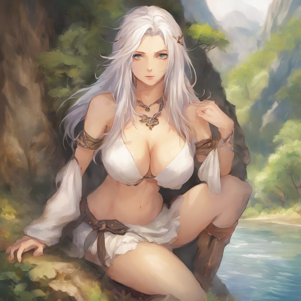 Illustration of ((gigantic breasts)), huge breasts, scantly clad female knight, long flowing white hair, mature woman, milf, sexy, seductive, alluring, erotic, nsfw, wearing black leather body straps harness, Micro thong, masterpiece, sketch, soft watercolour painting, ancient ruins, moss, nature, shallow water, looking at viewer teasing you with her breasts, anime, detailed face, detailed eyes, detailed face, ultra detailed, ((anime)), cowboy shot
