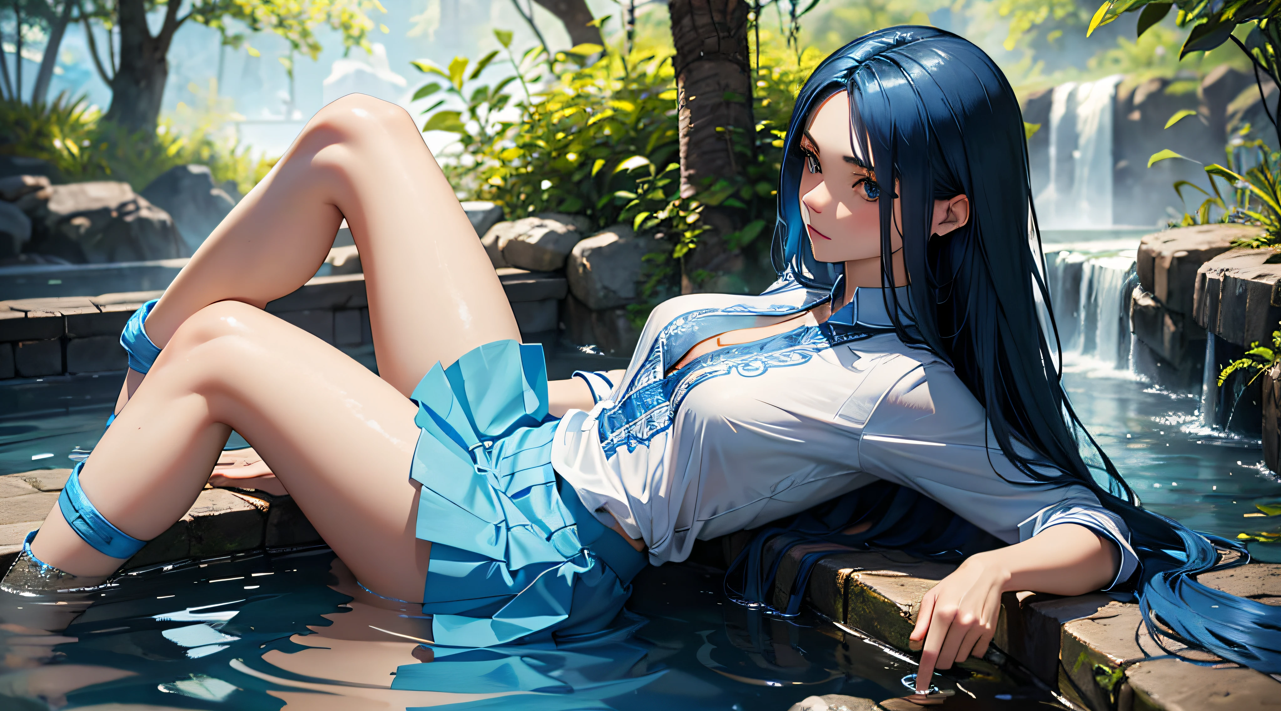 Best quality, masterpiece, realistic, Beautiful sexy cool tall, slim, fit woman, wearing light blue skirt with stockings, fantasy shirt, athletic body, intricate and highly detailed, long blue hair, sexy expression, sitting in a hot spring