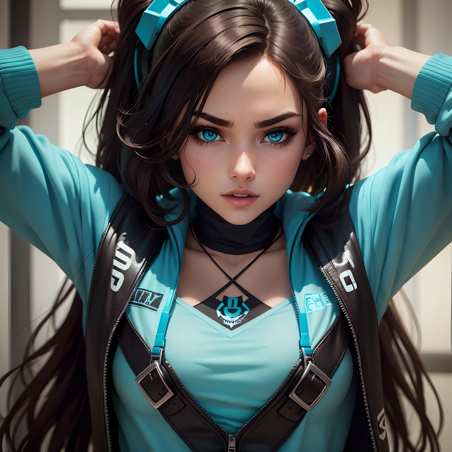 Gamer girl, extremely beautiful and fierce, dark brown hair, wears cyan, side close up