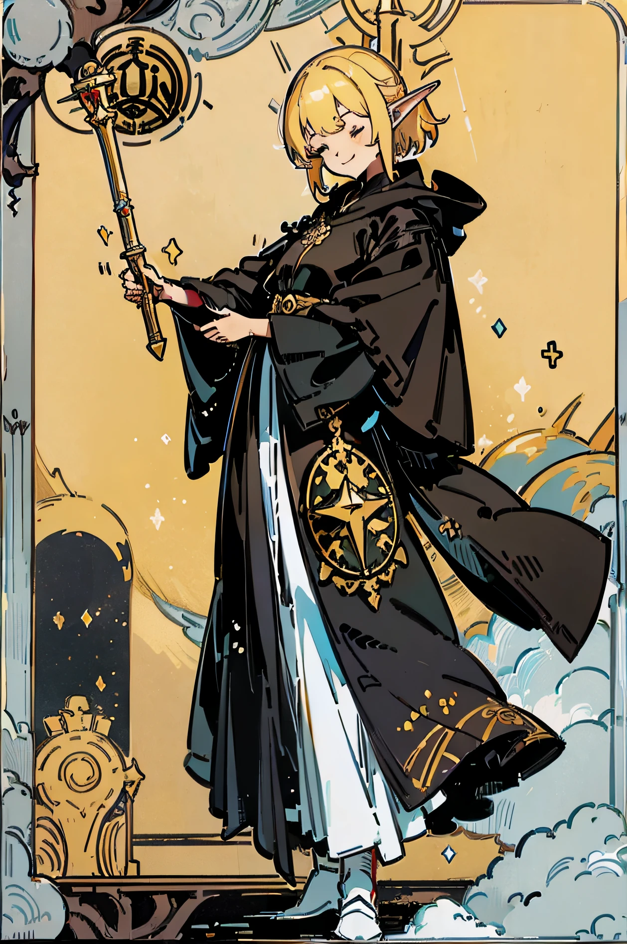 ((Masterpiece)), ((Best quality)), ((A high resolution)), ((finedetail)),tarot cards、magister、dungeons and dragons,Blonde elf girl in black robes,portraitures,standing on your feet,smile with one eye closed,Black belly
