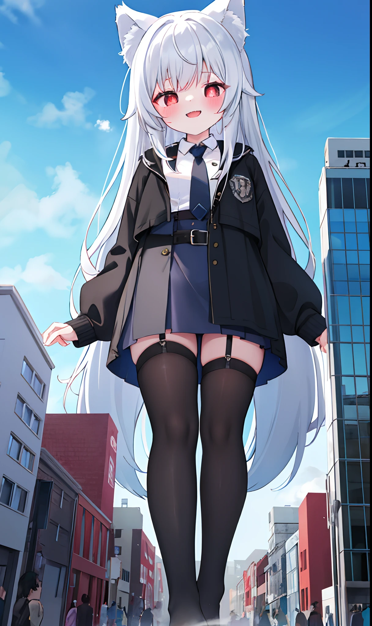 Girl, ************, full bodyesbian, Bigger than the building,No shoes，{White stockings}，Black jacket with white shirt ，Blue tie，Dark gray hair，Wolf ears，Light red eyes，A cold expression， Destroyed buildings, GTSCity, As a giantess, Bright pupils, Smile, Naughty face, 16k, High quality, High details, Anatomically correct, Textured skin，The feet emit steam，Fleeing crowds，Panicked crowd，