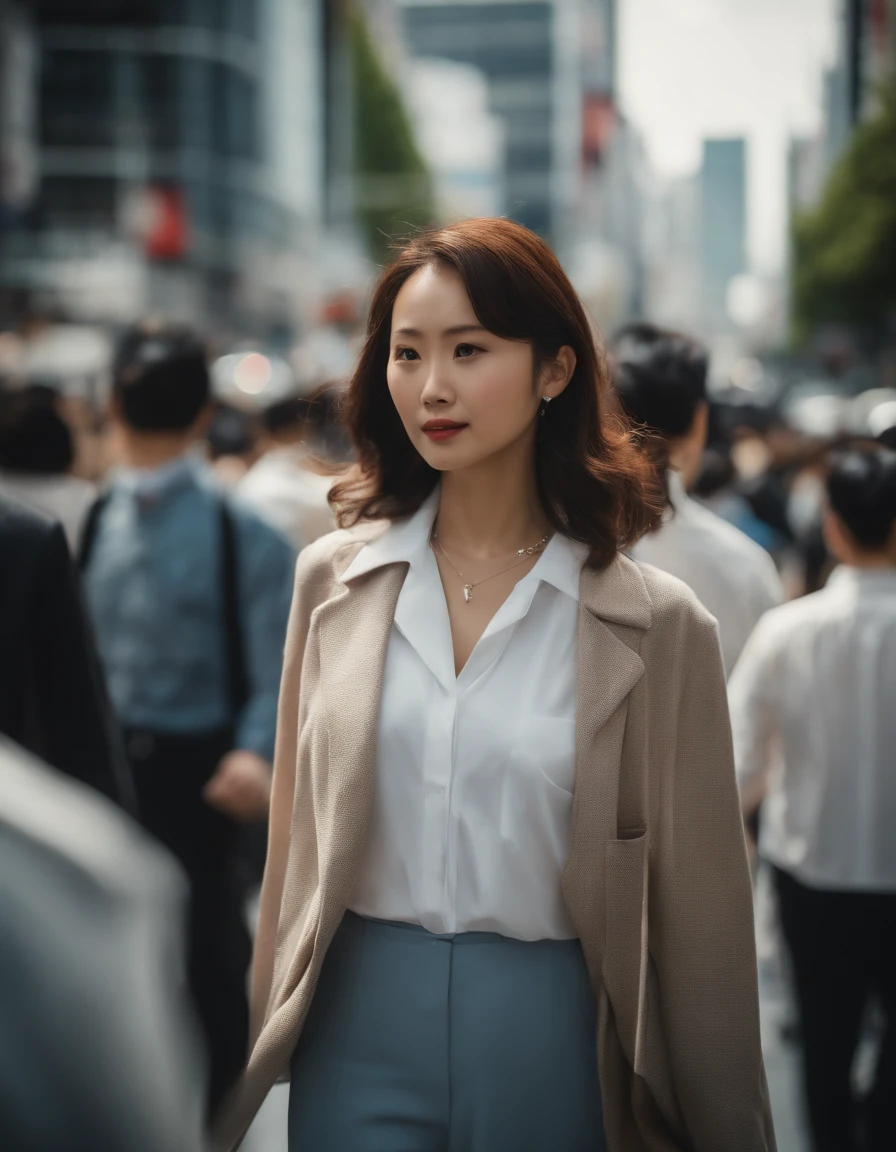 Against the backdrop of people walking at Shibuya intersection, Morning sky, natural light, Adjust the lighting to match the scene......, sharp, sharp, close up shot, shirt, Same move....., Half-body photo, japan, in Tokyo, In Tokyo Shinjuku, In NeoTokyo, dreamy, Dreamy, Morning sky, Action Scenes, Marvel., sci-fi, lifelike, sharp,