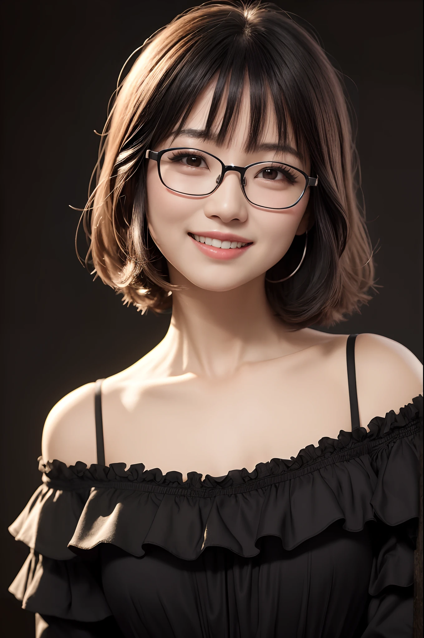 ((solo)), 1girl, japanese woman, blush, perfect illumination, short black hair, brown eyes, sidelighting, detailed face, bangs, bright skin, big smile, rimless glasses, black frilly off-shoulder sundress, simple dark background, close-up portrait