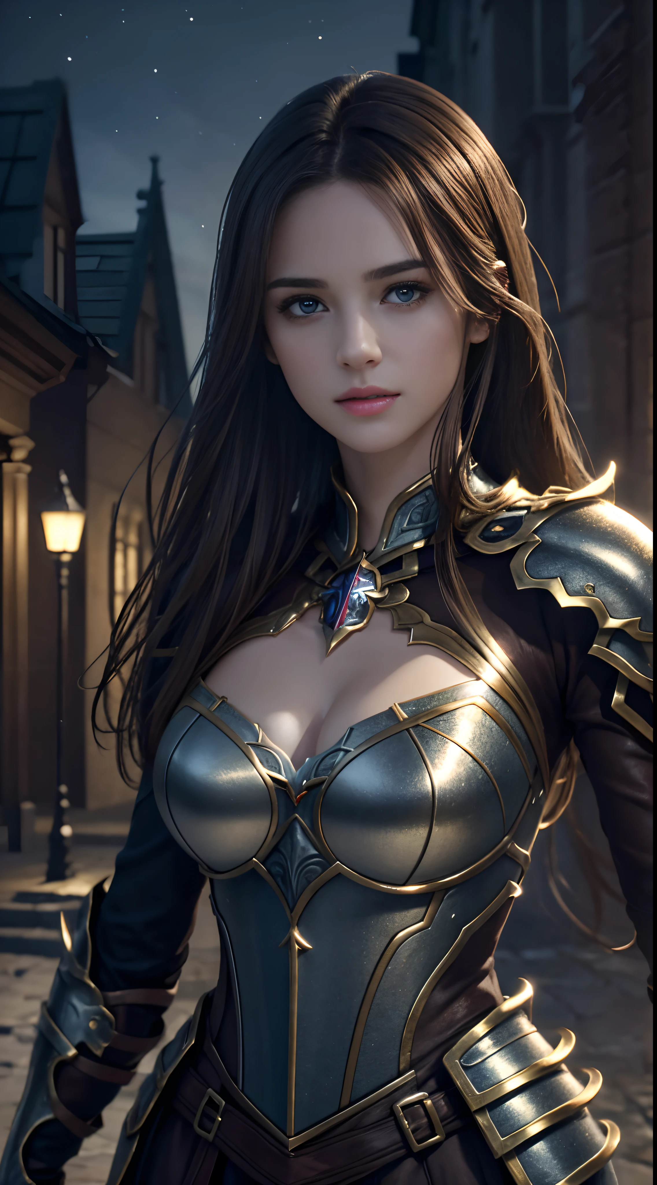 Realistic lighting, Top Quority, 8K Resolution, (masterpiece: 1.3), (Clear focus: 1.2),1 Girl, delicate face, big double eyelids, Sexy expression, Body perfect anatomy, (perfect body: 1.6), (large chest 1.7), long and dark brown hair, (best chest: 1.8), armor, long knife, magia, exterior, (night: 1.1 ),1080p, hyper HD, textureskin, super detailed, best quality, high detail, highest quality.