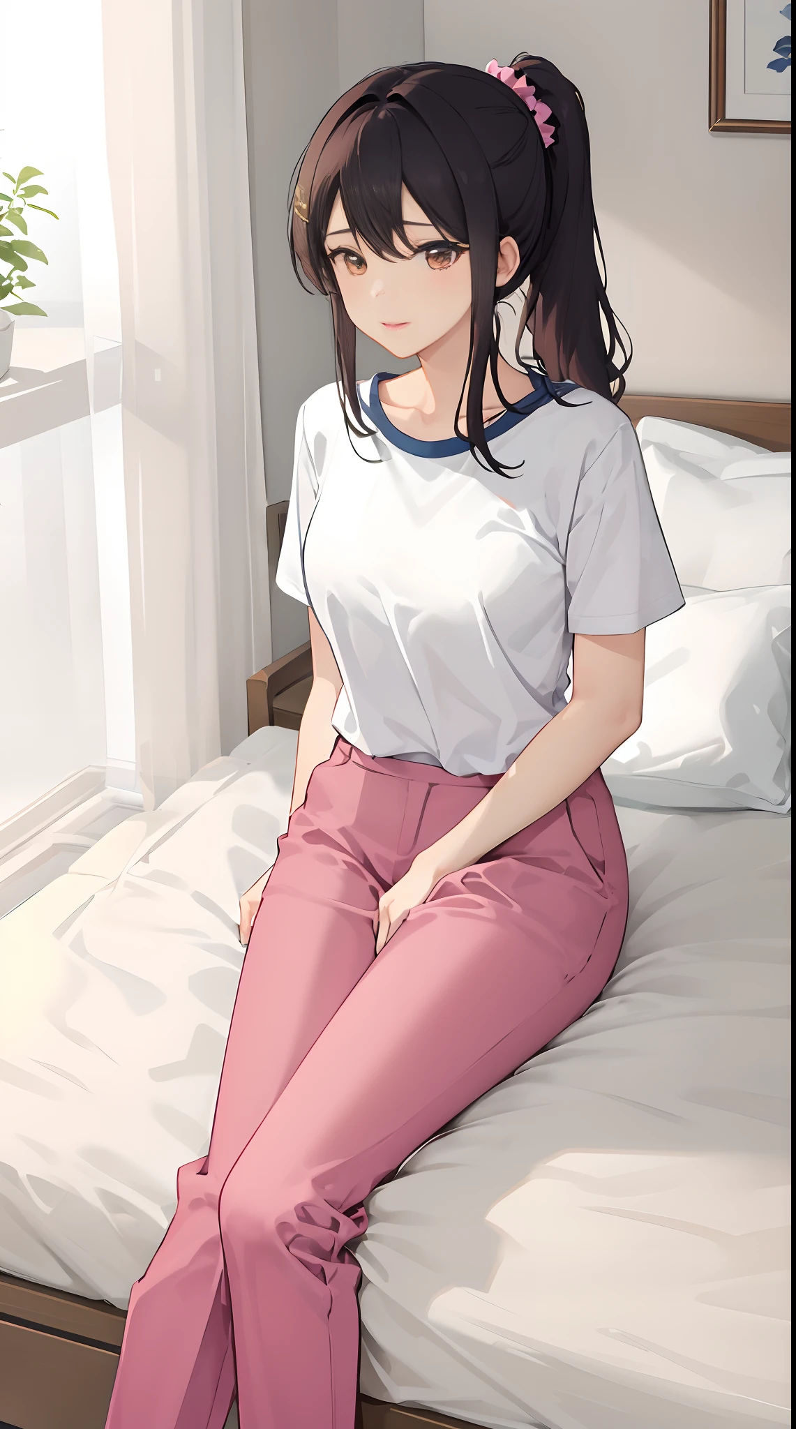 1girll, 独奏, Wear light-colored short sleeves,Wear pink slacks,sit on a bed,The chest is particularly large,Perfect hands,black ponytail