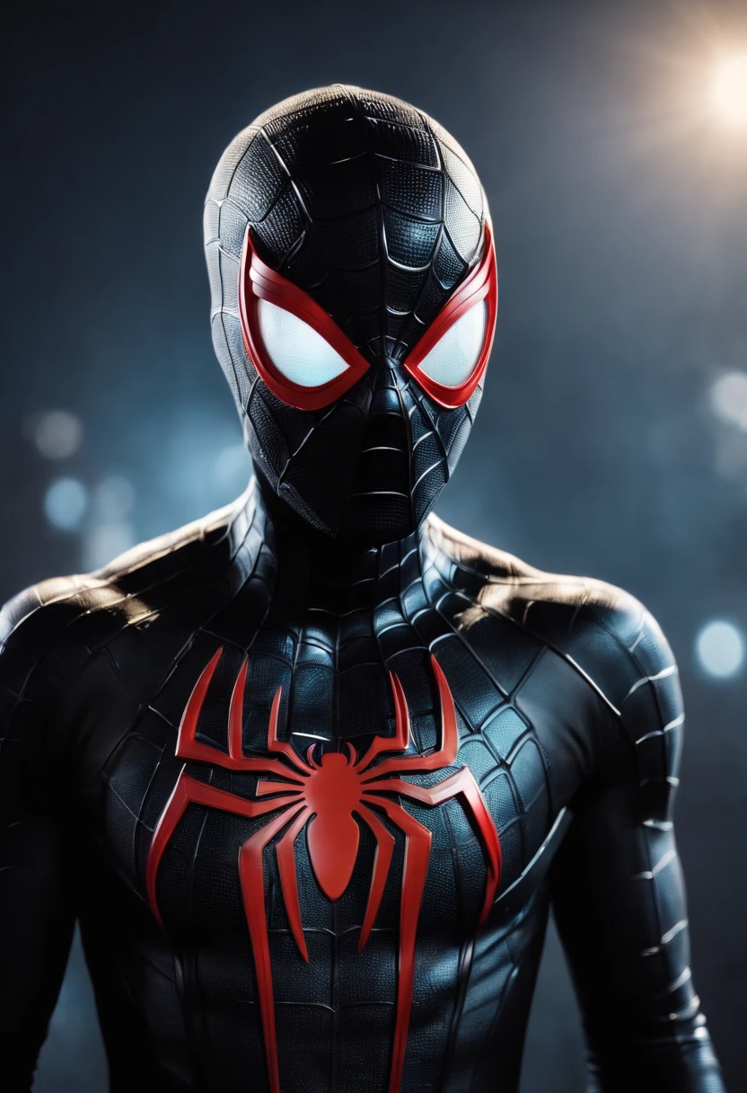spiderman MCU no way home suit fused with advanced red and blue suit with white long spider symbol with mcu black and white small movable eyelences